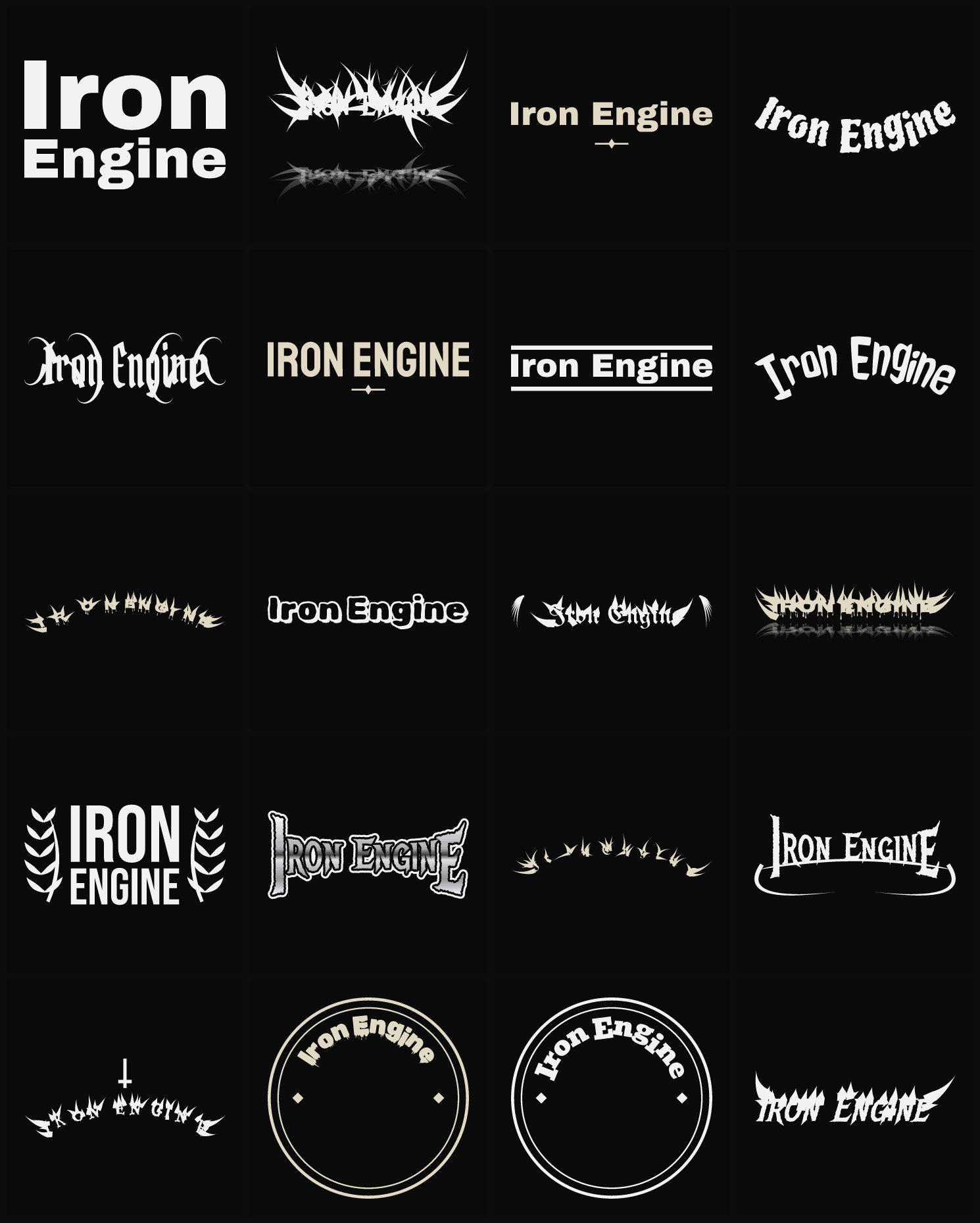 Twenty Iron Engine band logo ideas — different faces, treatments and spike settings
