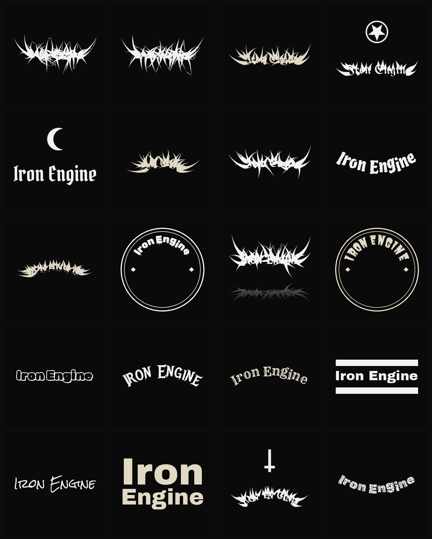 Twenty Iron Engine band logo ideas — different faces, treatments and spike settings