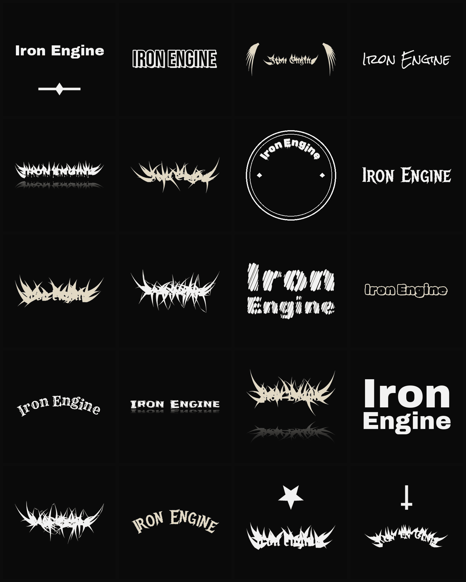 Twenty Iron Engine band logo ideas — different faces, treatments and spike settings