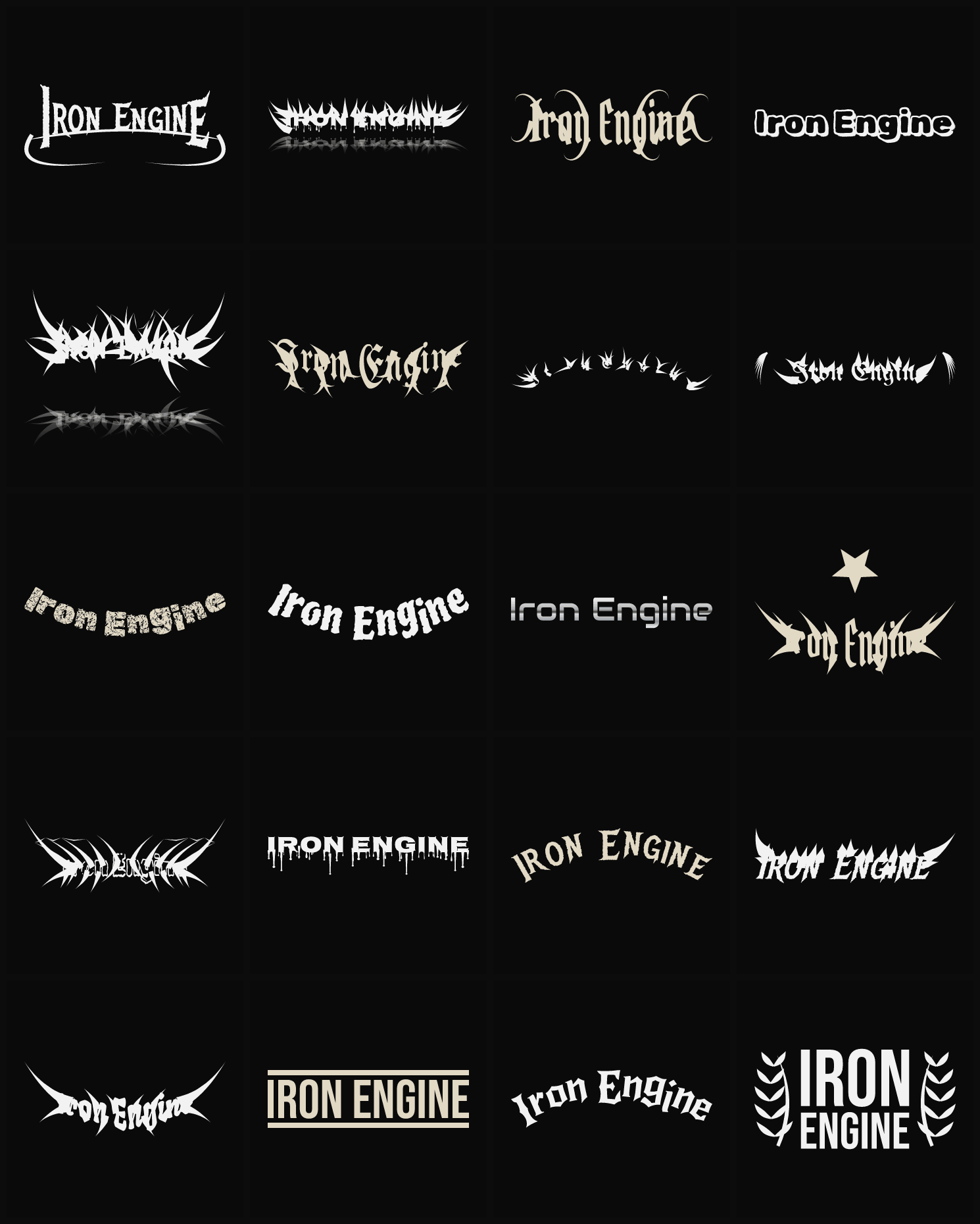 Twenty Iron Engine band logo ideas — different faces, treatments and spike settings