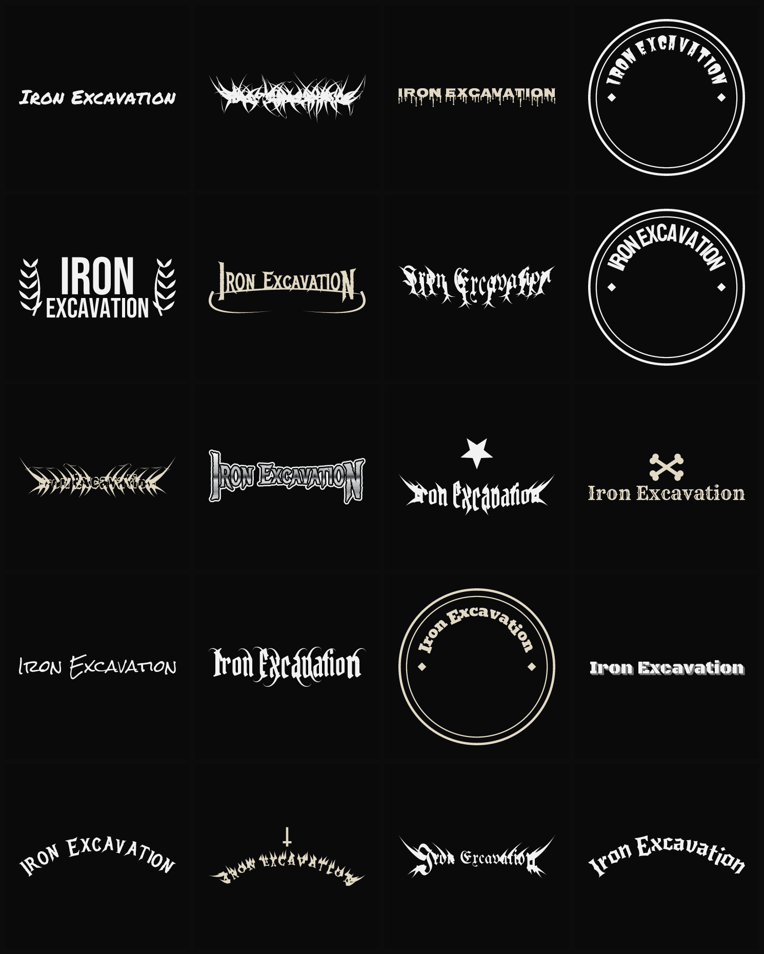 Twenty Iron Excavation band logo ideas — different faces, treatments and spike settings