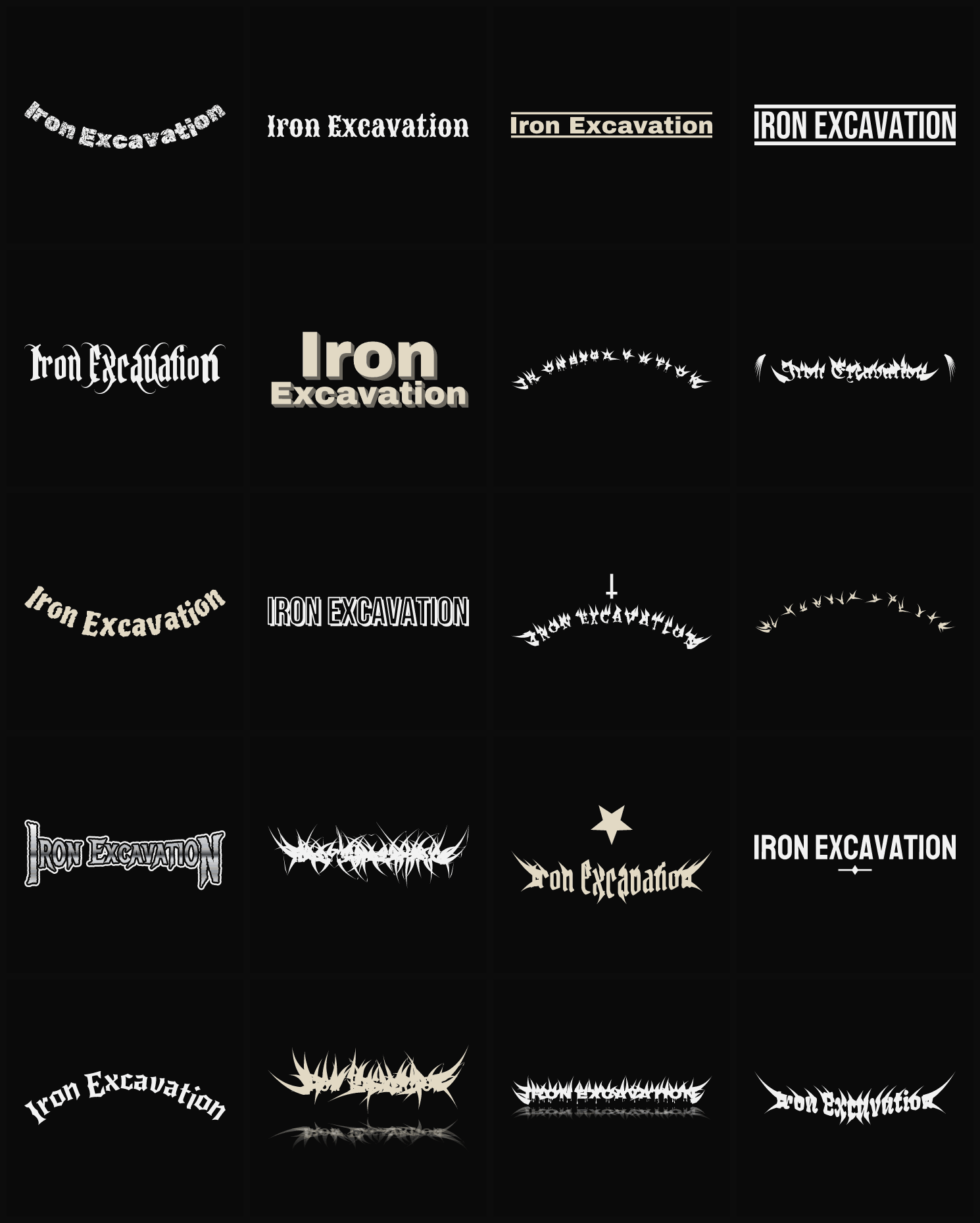 Twenty Iron Excavation band logo ideas — different faces, treatments and spike settings