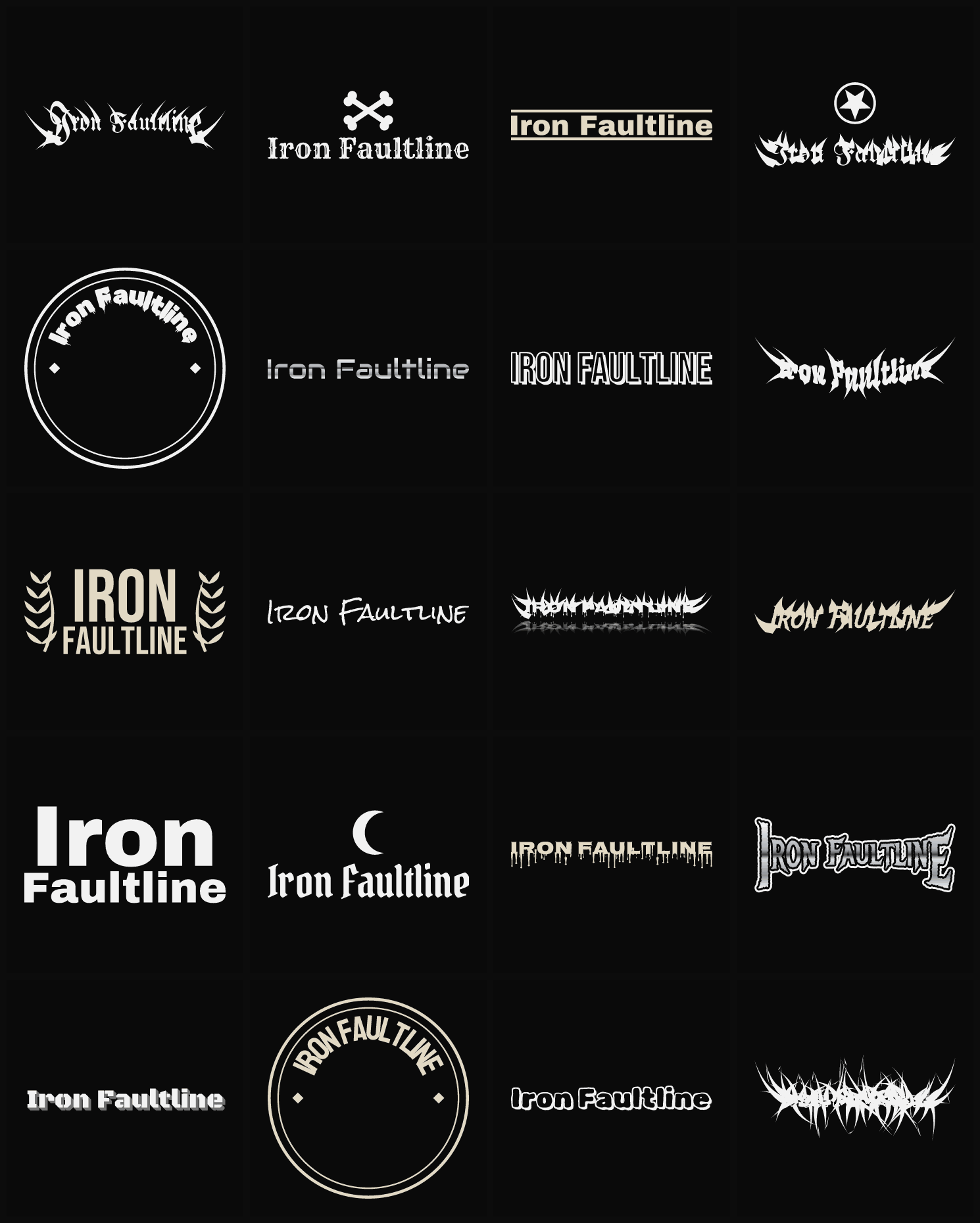 Twenty Iron Faultline band logo ideas — different faces, treatments and spike settings