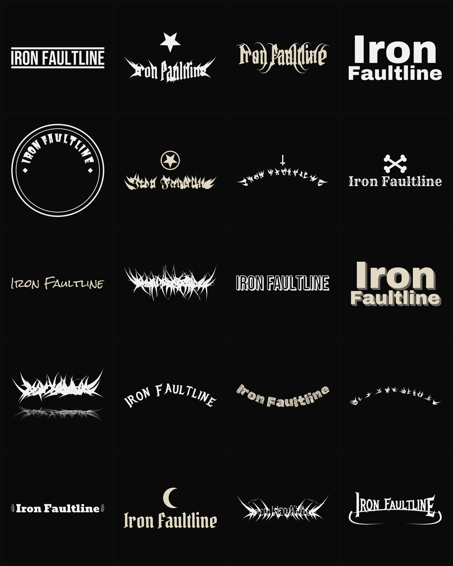 Twenty Iron Faultline band logo ideas — different faces, treatments and spike settings