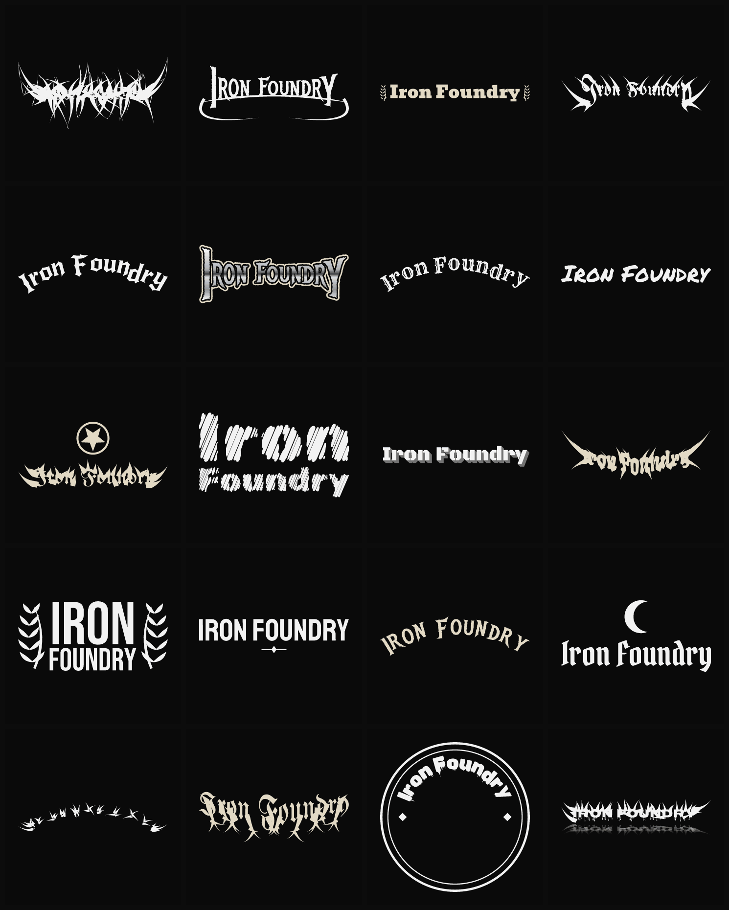 Twenty Iron Foundry band logo ideas — different faces, treatments and spike settings