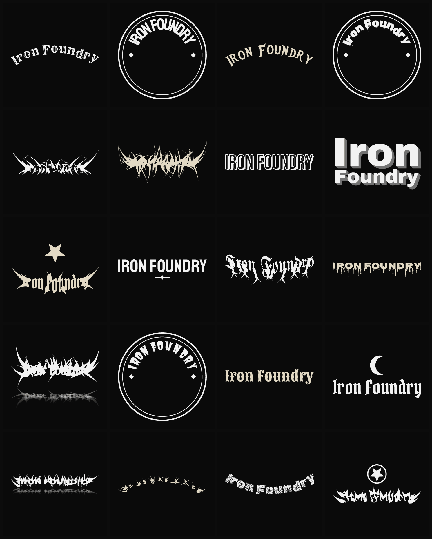 Twenty Iron Foundry band logo ideas — different faces, treatments and spike settings