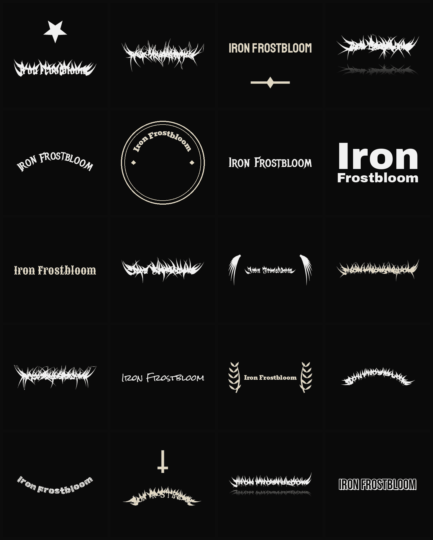Twenty Iron Frostbloom band logo ideas — different faces, treatments and spike settings