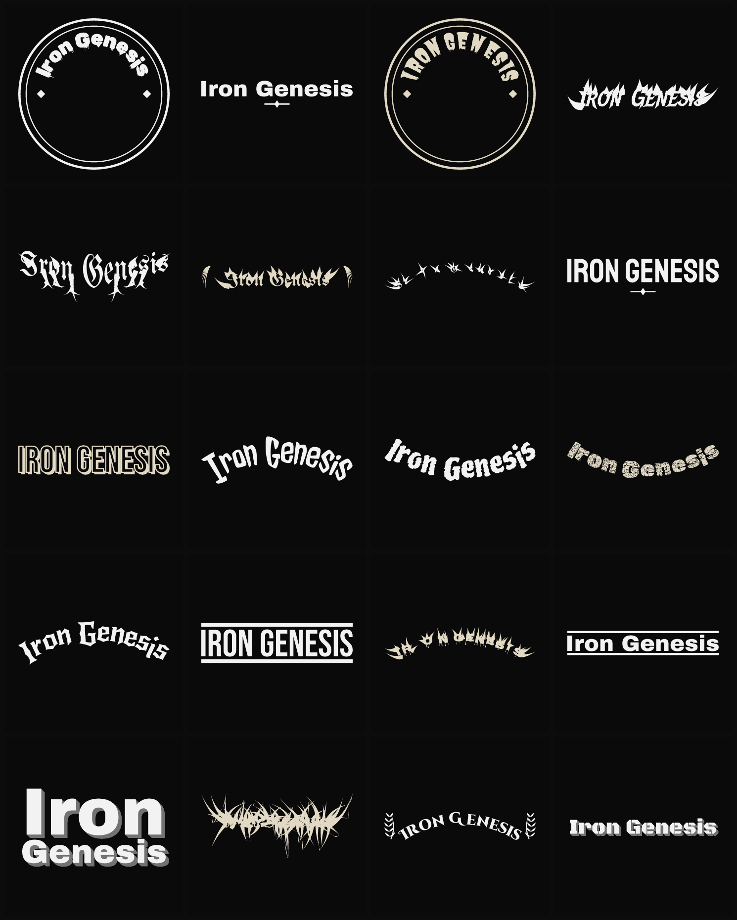 Twenty Iron Genesis band logo ideas — different faces, treatments and spike settings
