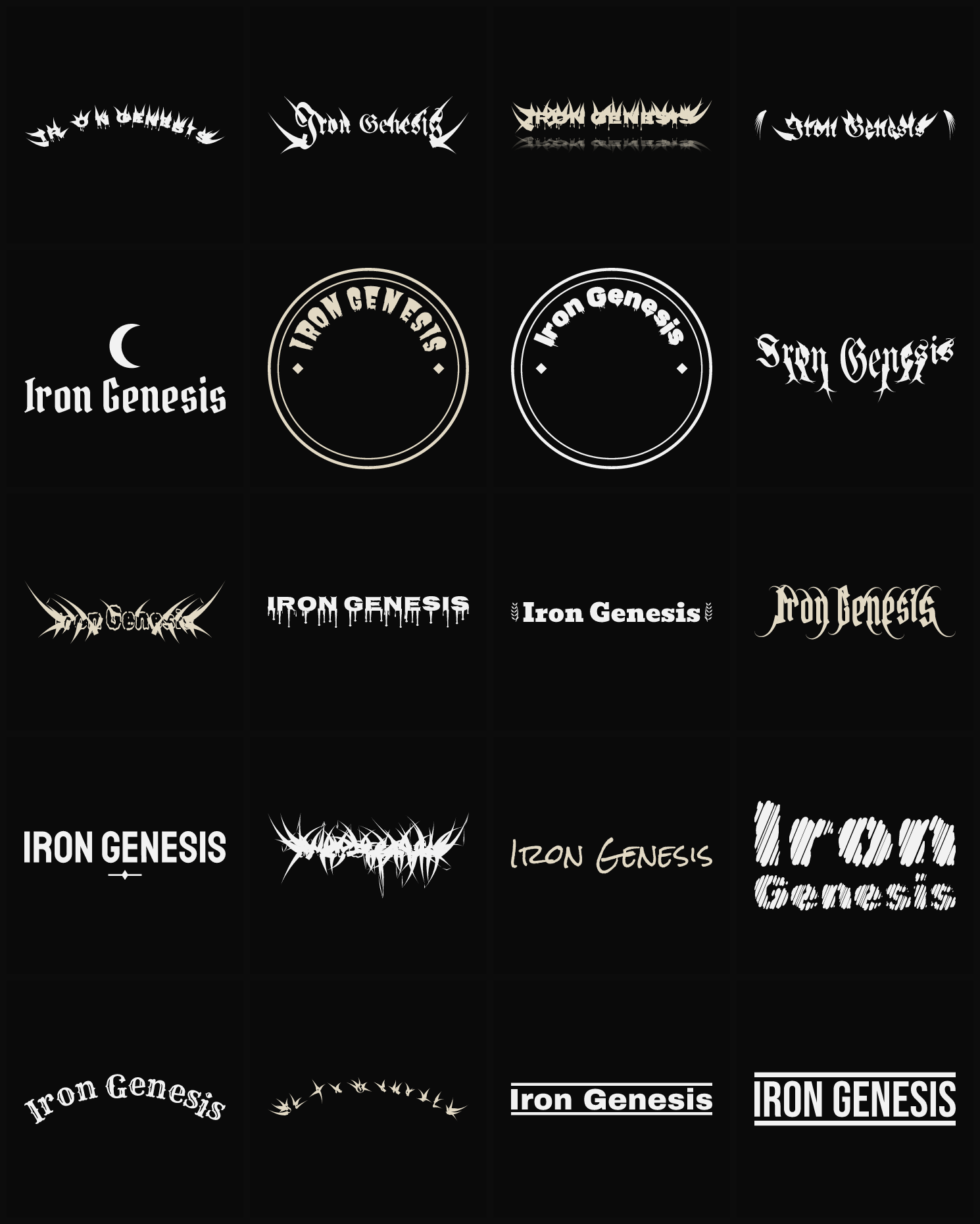 Twenty Iron Genesis band logo ideas — different faces, treatments and spike settings