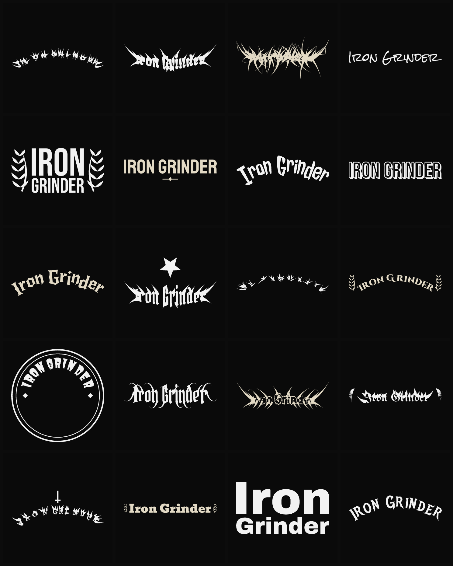 Twenty Iron Grinder band logo ideas — different faces, treatments and spike settings