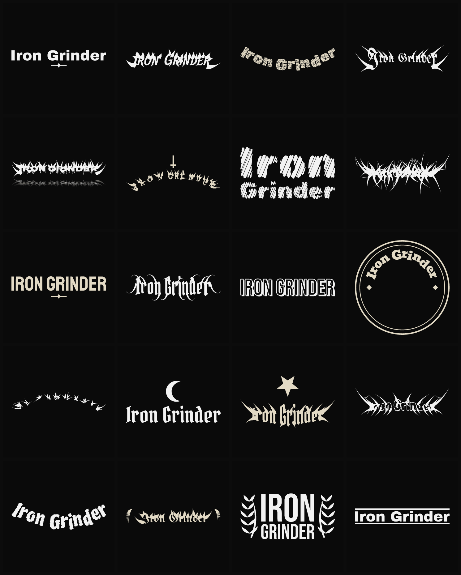 Twenty Iron Grinder band logo ideas — different faces, treatments and spike settings