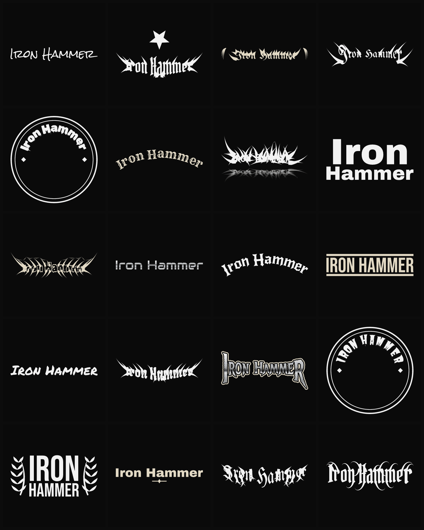 Twenty Iron Hammer band logo ideas — different faces, treatments and spike settings