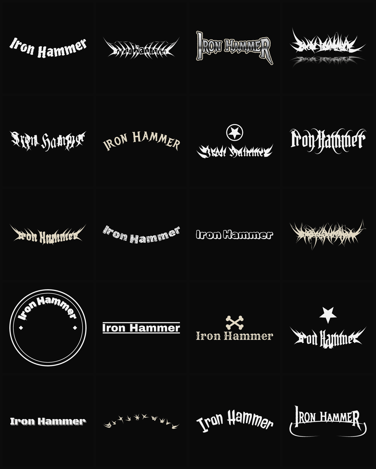Twenty Iron Hammer band logo ideas — different faces, treatments and spike settings