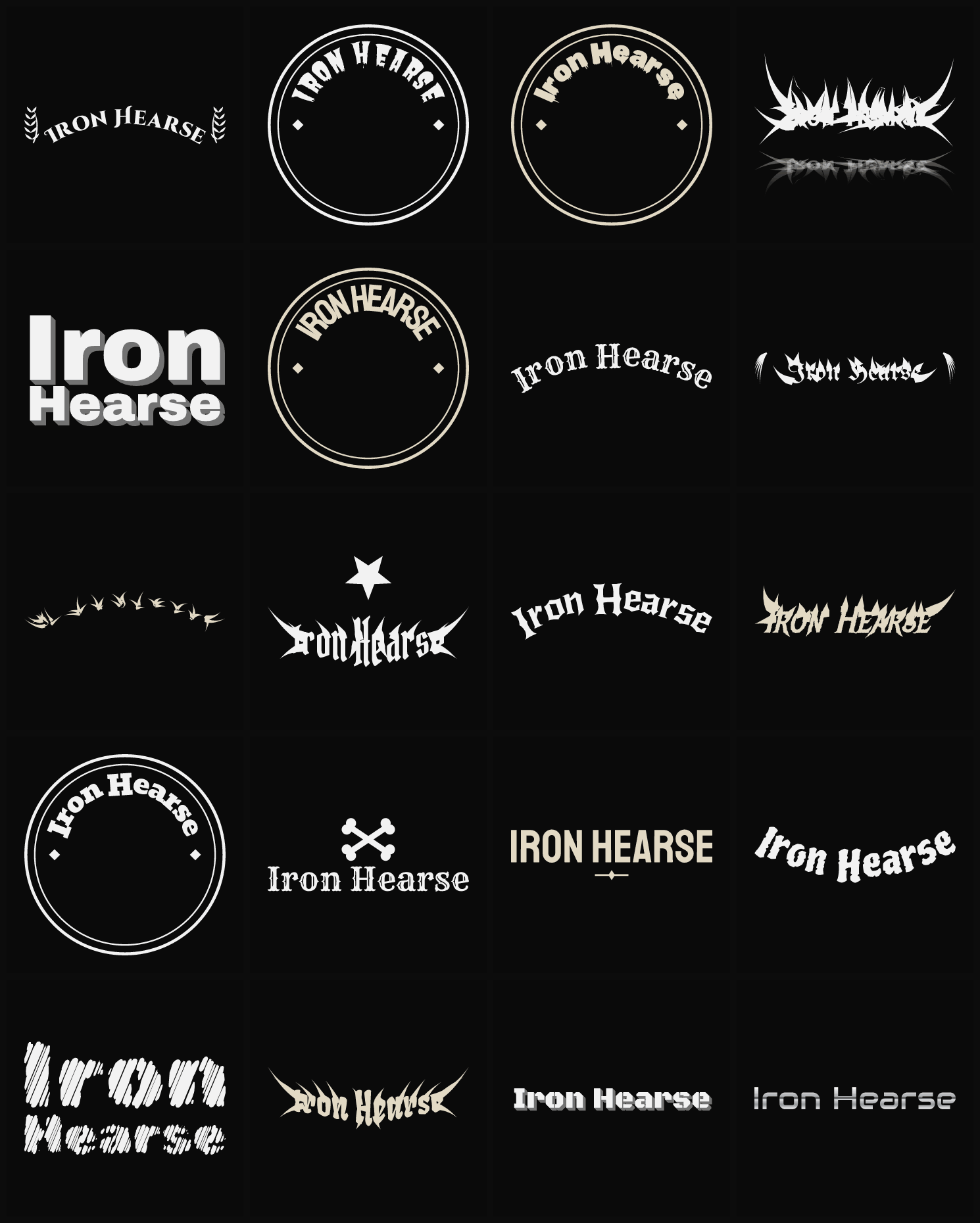 Twenty Iron Hearse band logo ideas — different faces, treatments and spike settings