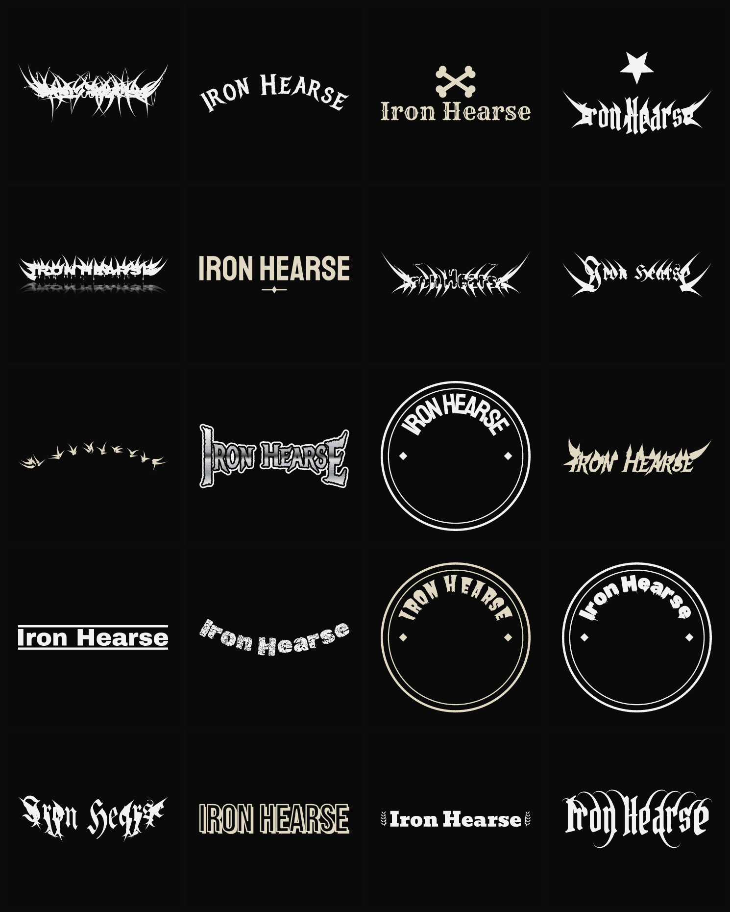 Twenty Iron Hearse band logo ideas — different faces, treatments and spike settings