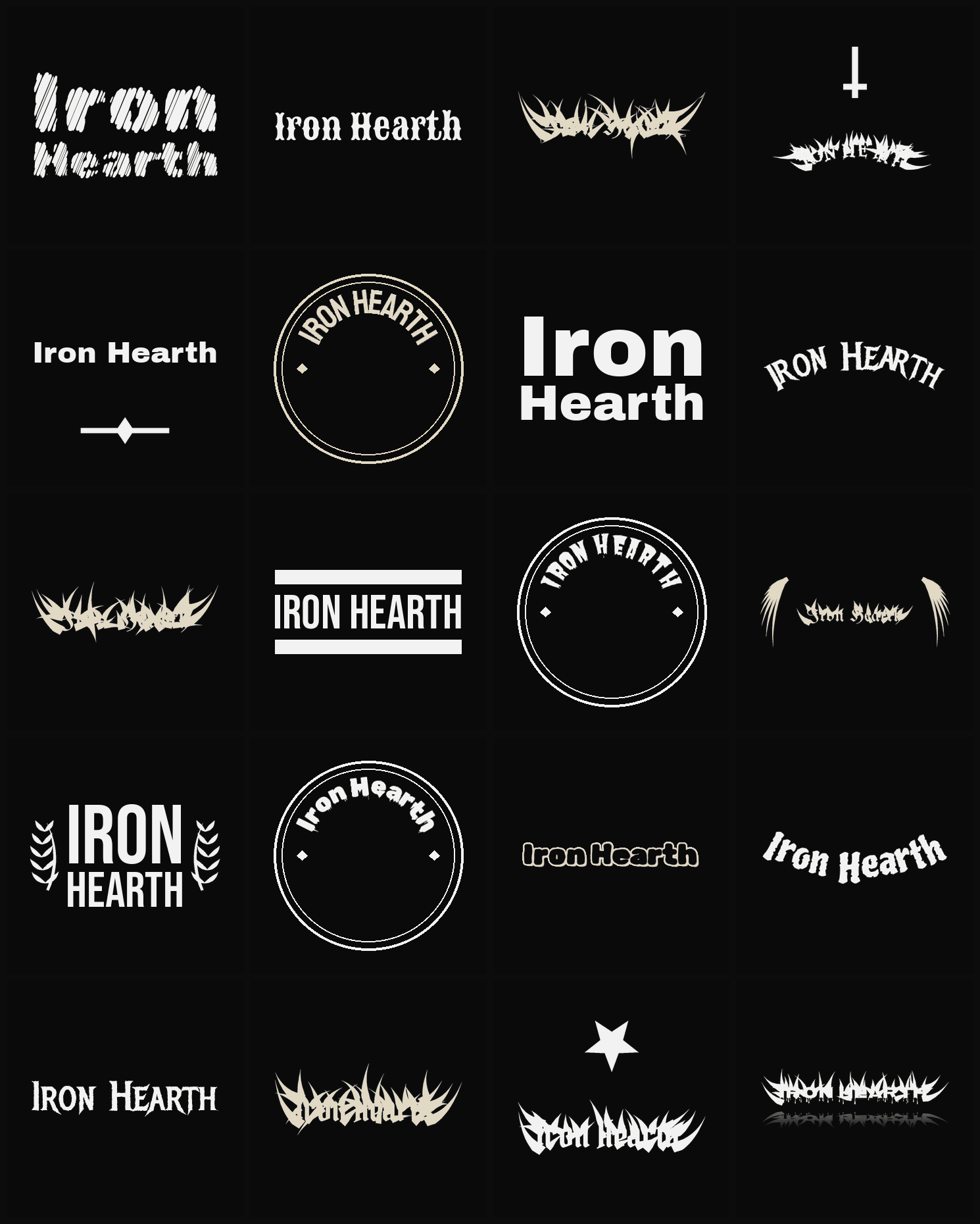 Twenty Iron Hearth band logo ideas — different faces, treatments and spike settings