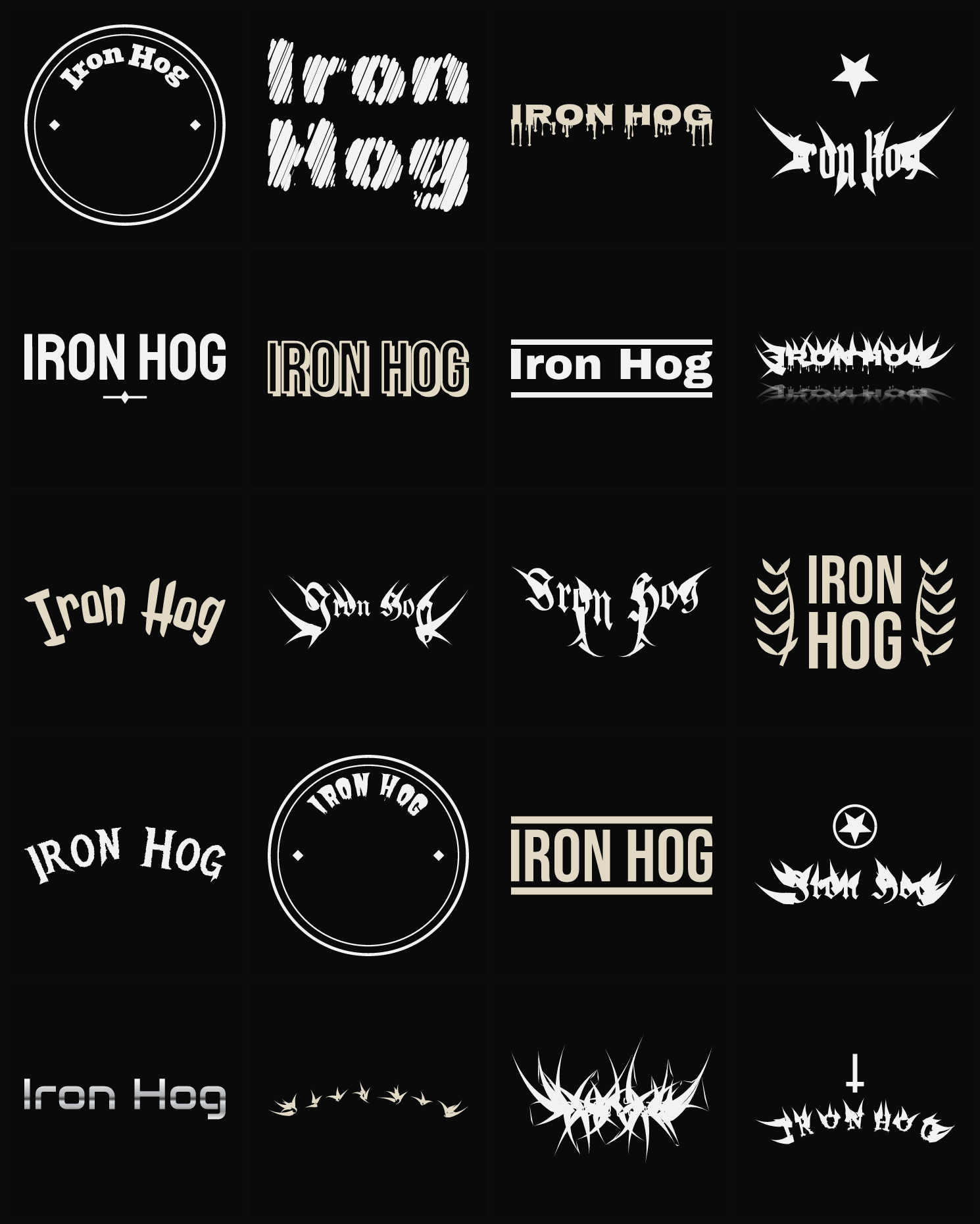 Twenty Iron Hog band logo ideas — different faces, treatments and spike settings