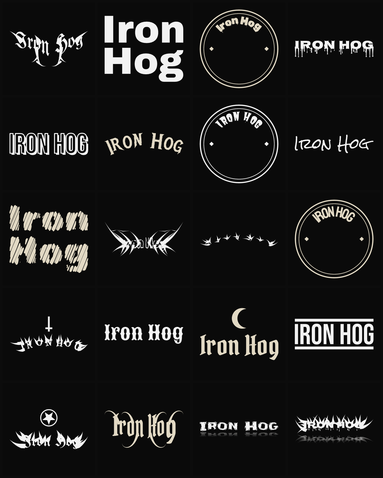 Twenty Iron Hog band logo ideas — different faces, treatments and spike settings