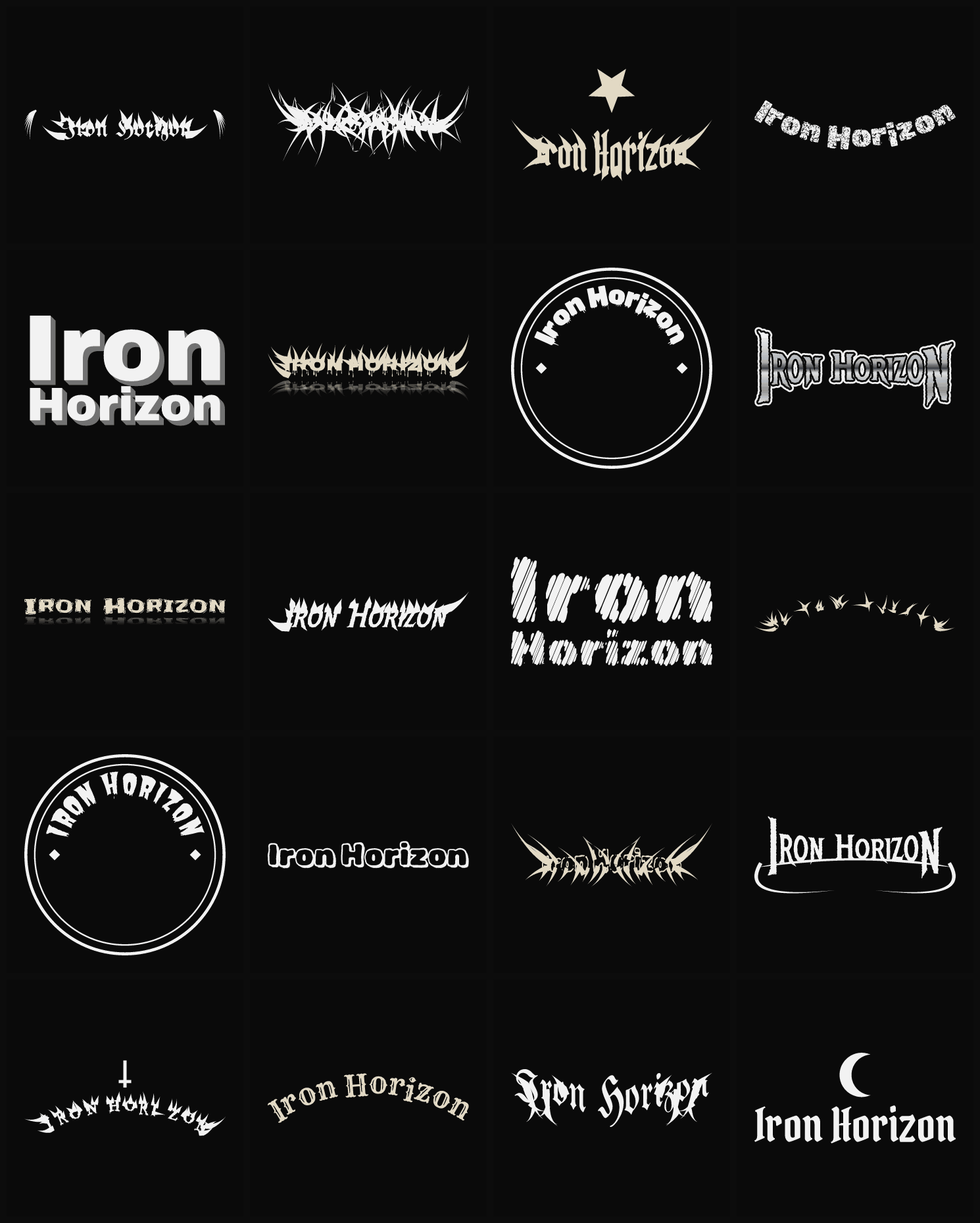 Twenty Iron Horizon band logo ideas — different faces, treatments and spike settings