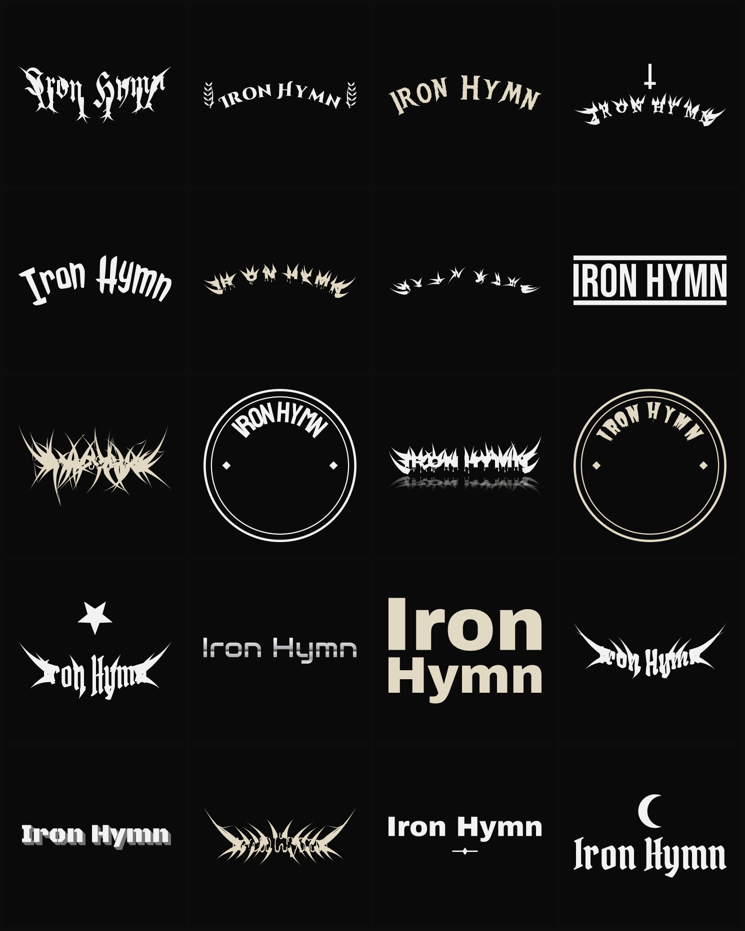 Twenty Iron Hymn band logo ideas — different faces, treatments and spike settings