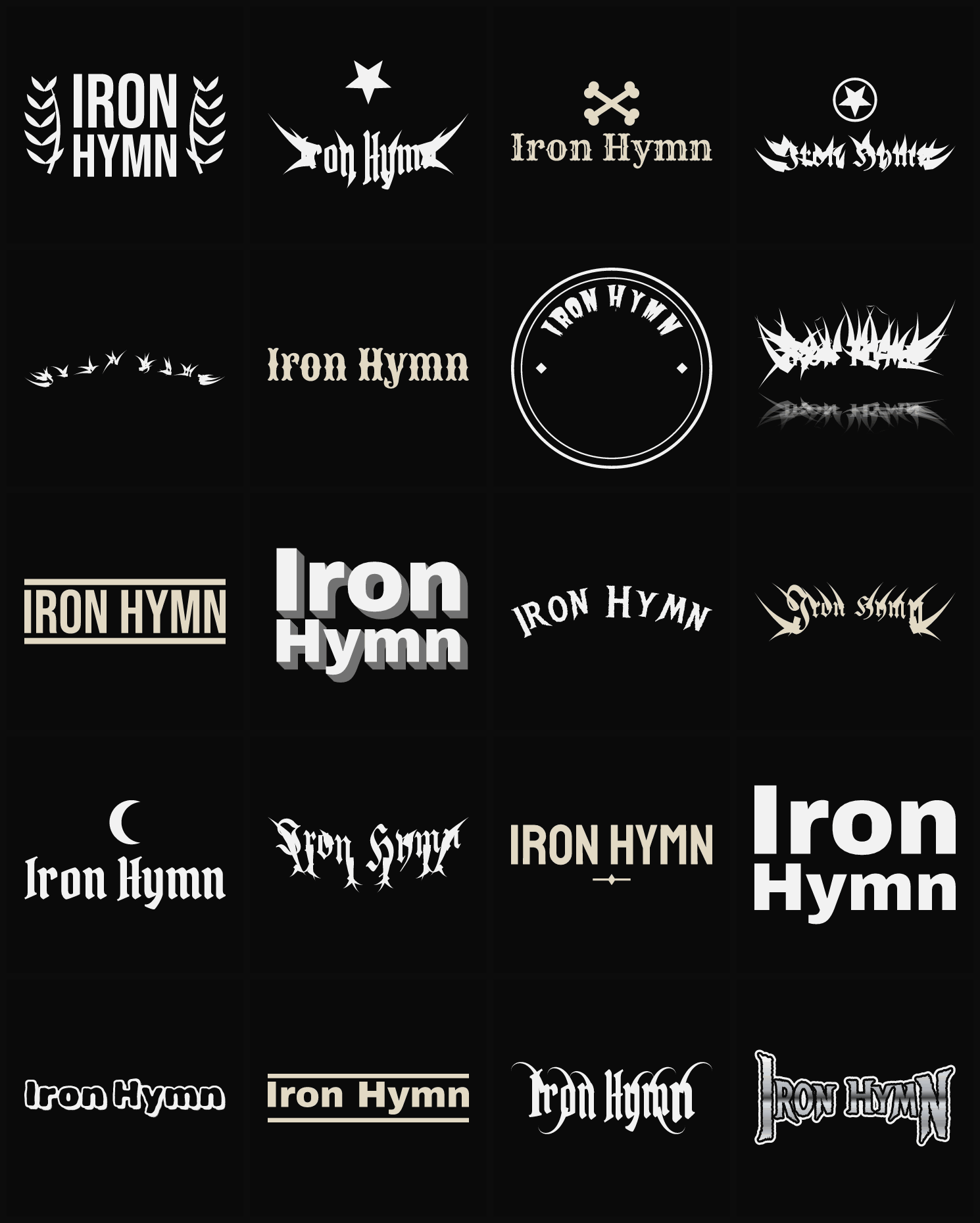 Twenty Iron Hymn band logo ideas — different faces, treatments and spike settings