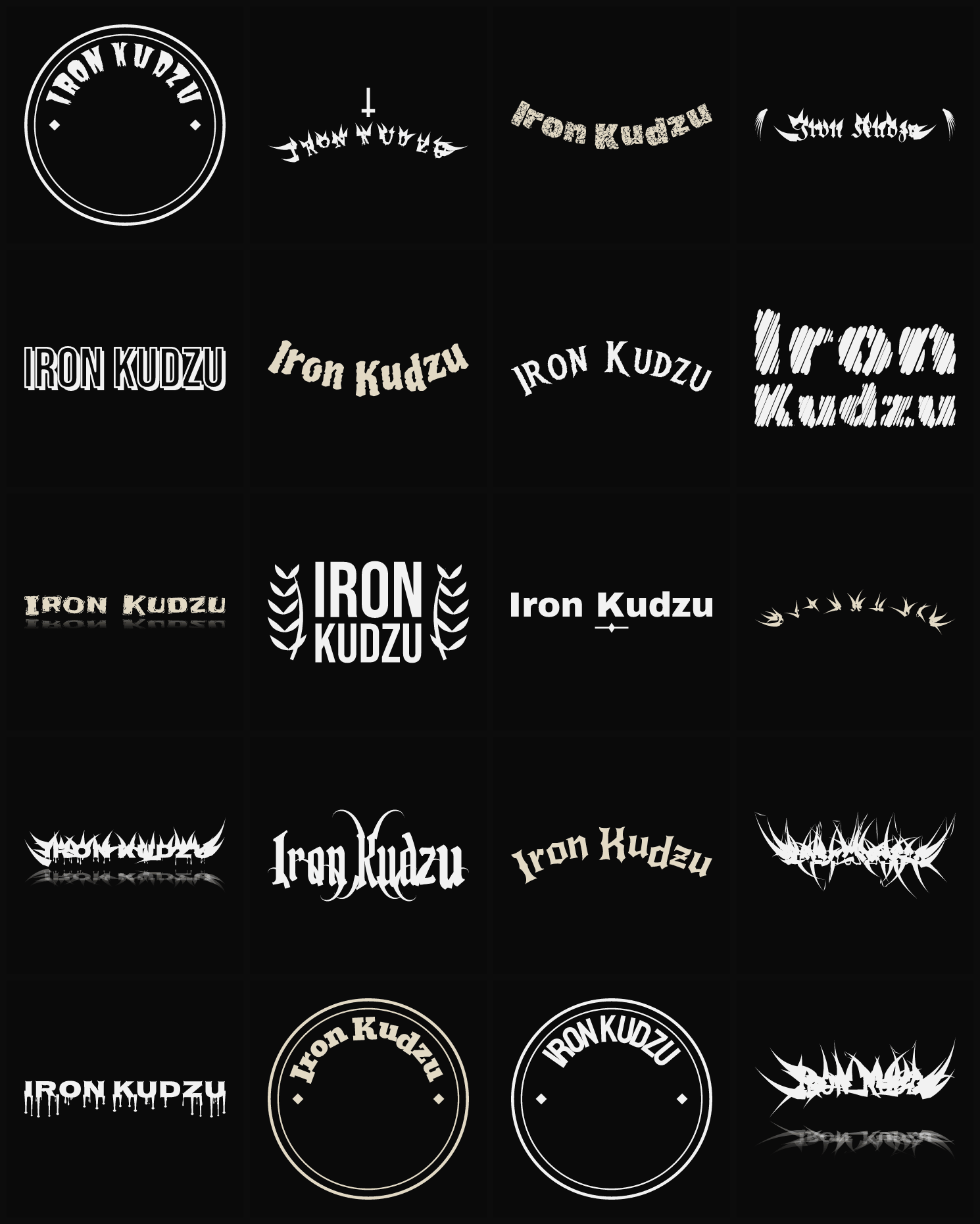 Twenty Iron Kudzu band logo ideas — different faces, treatments and spike settings