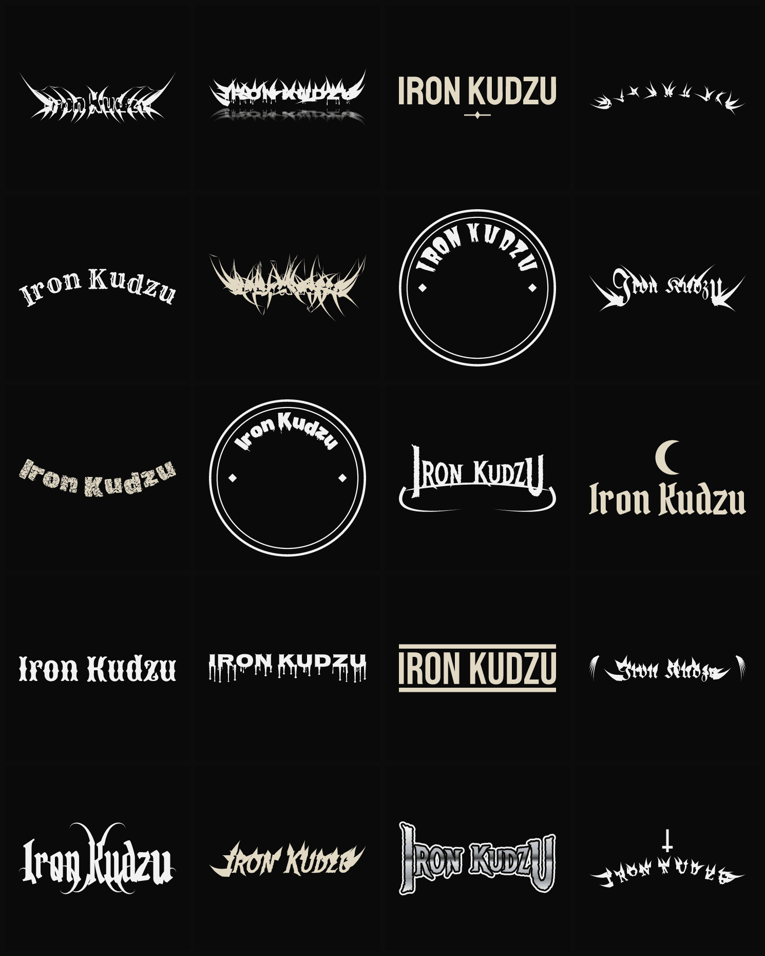 Twenty Iron Kudzu band logo ideas — different faces, treatments and spike settings