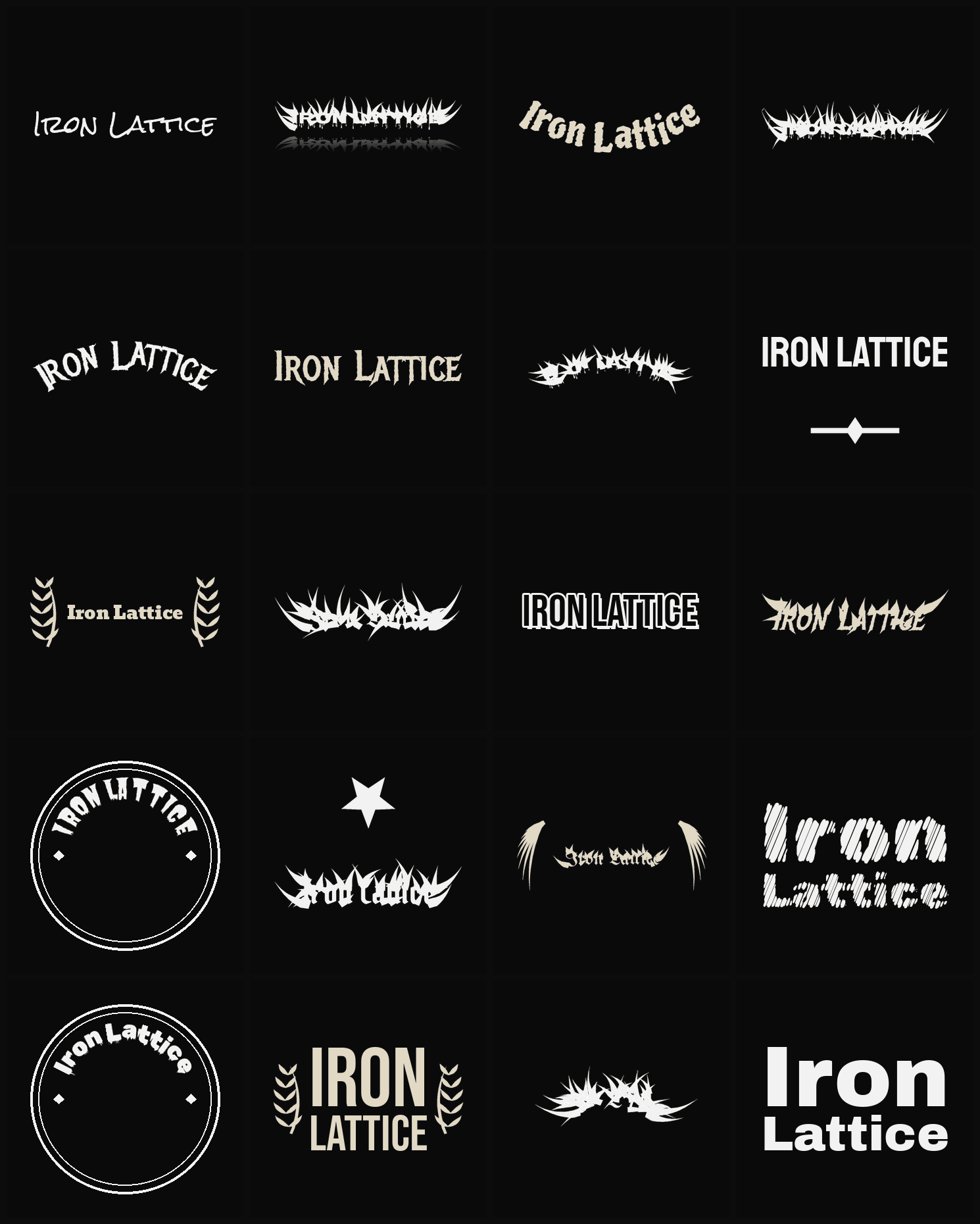Twenty Iron Lattice band logo ideas — different faces, treatments and spike settings