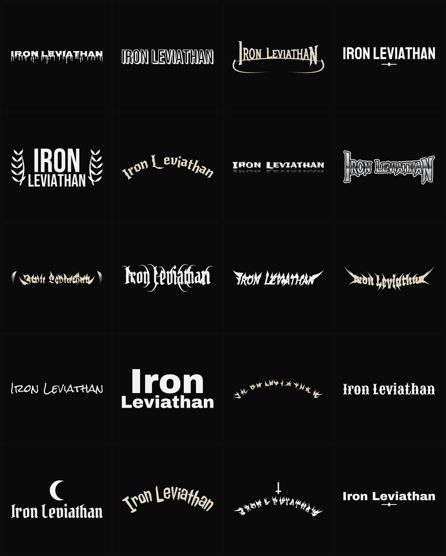 Twenty Iron Leviathan band logo ideas — different faces, treatments and spike settings