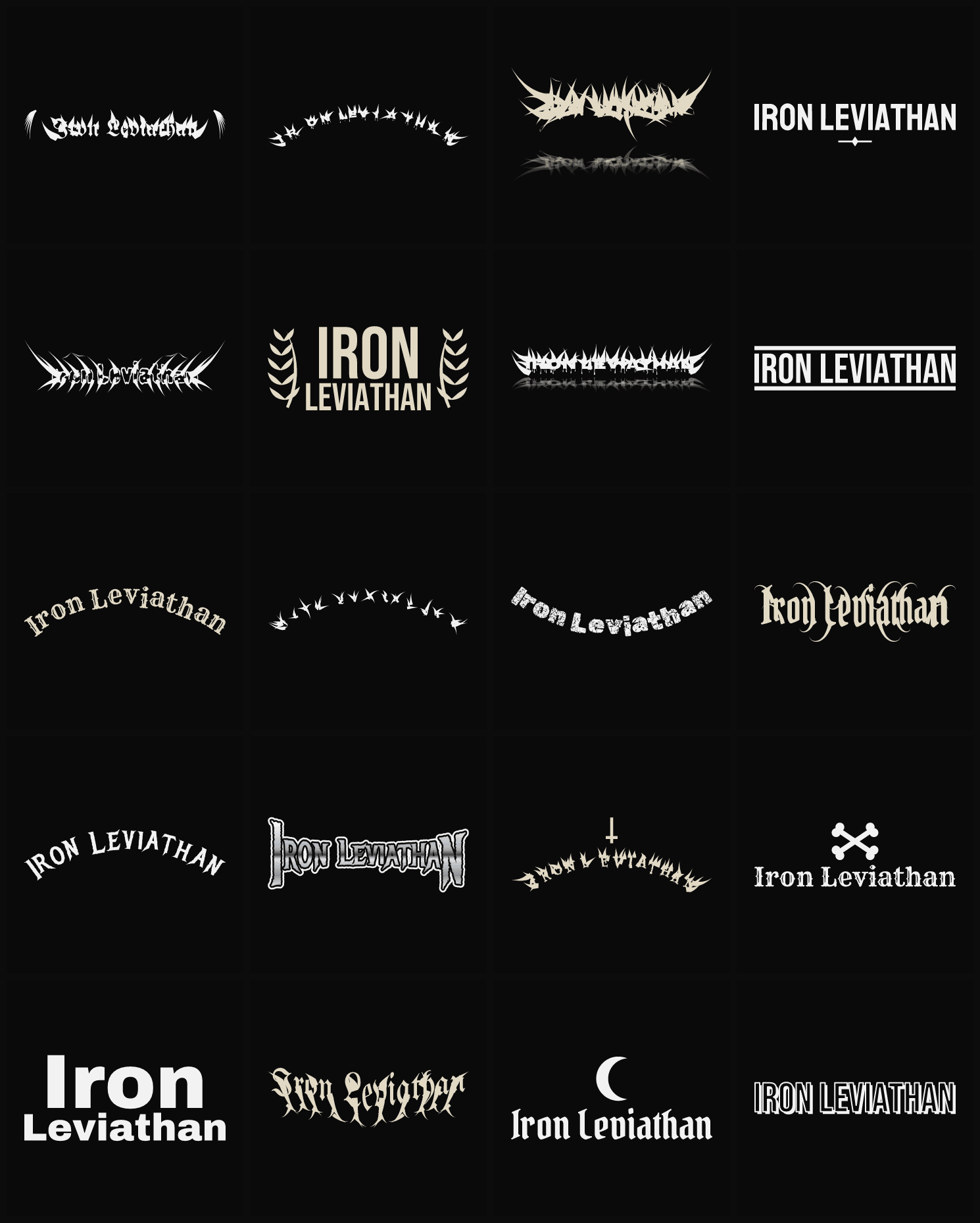 Twenty Iron Leviathan band logo ideas — different faces, treatments and spike settings