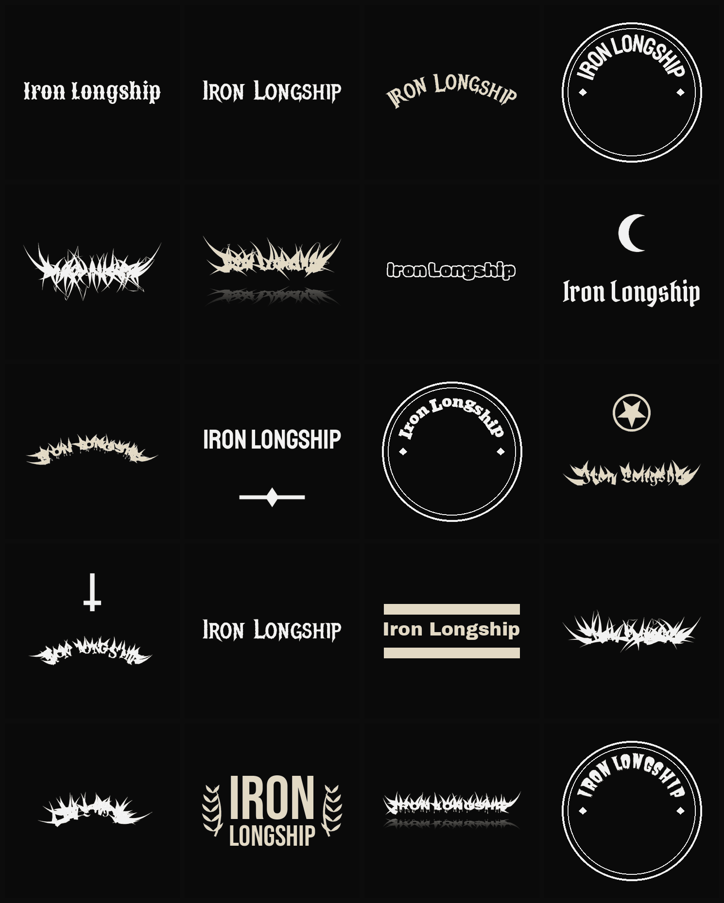 Twenty Iron Longship band logo ideas — different faces, treatments and spike settings