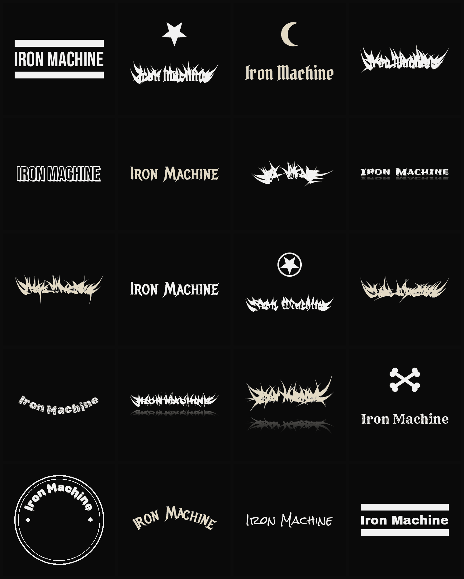 Twenty Iron Machine band logo ideas — different faces, treatments and spike settings