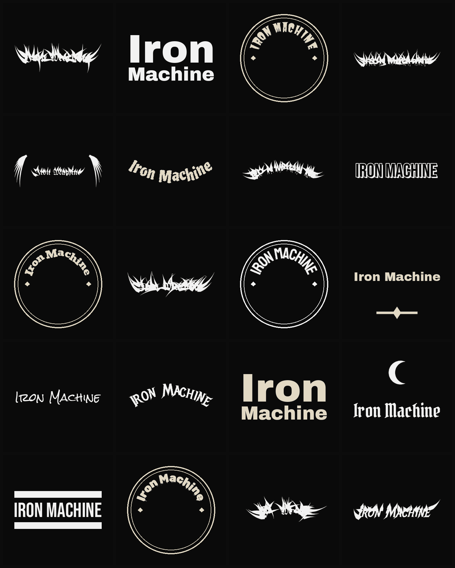 Twenty Iron Machine band logo ideas — different faces, treatments and spike settings