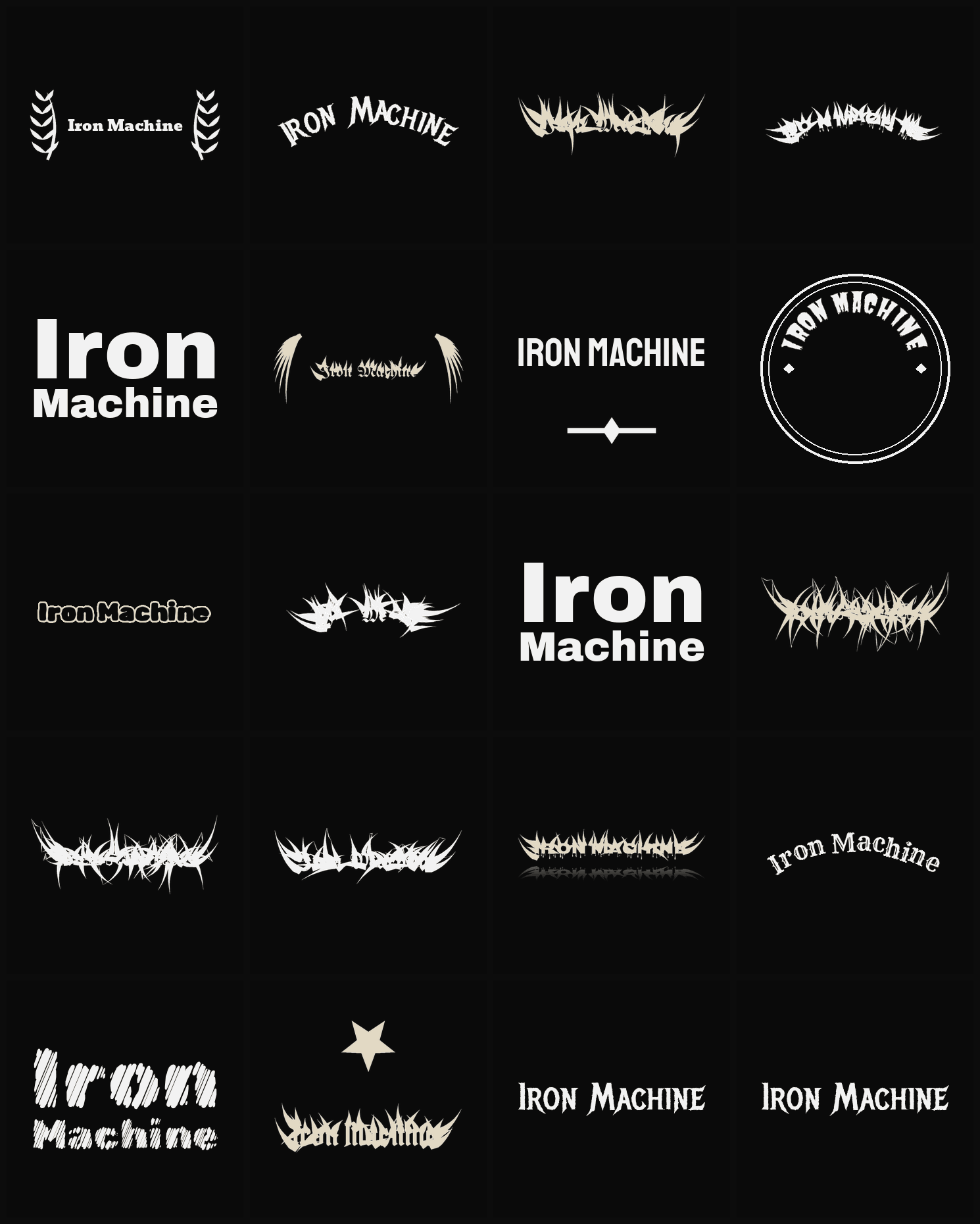 Twenty Iron Machine band logo ideas — different faces, treatments and spike settings