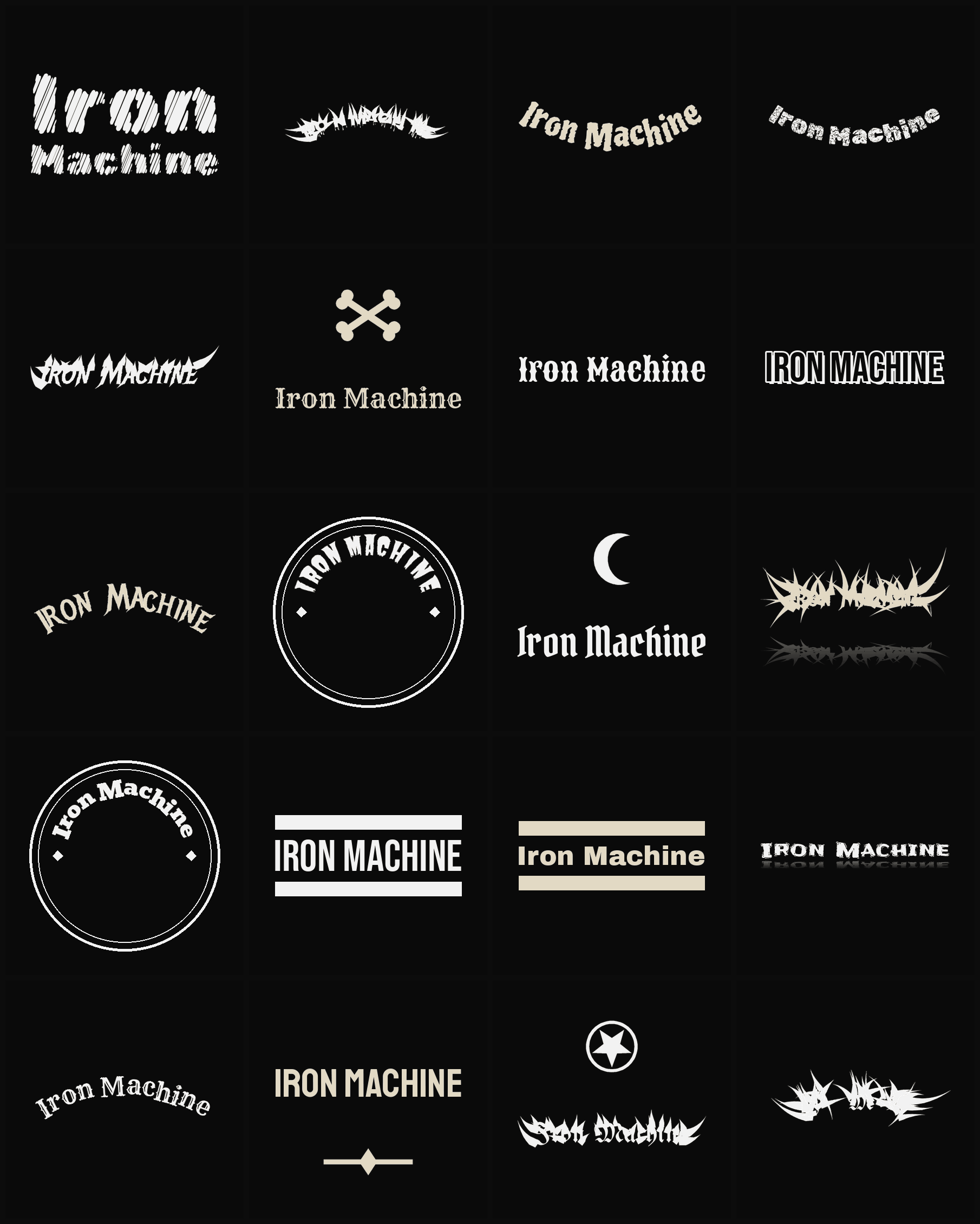 Twenty Iron Machine band logo ideas — different faces, treatments and spike settings