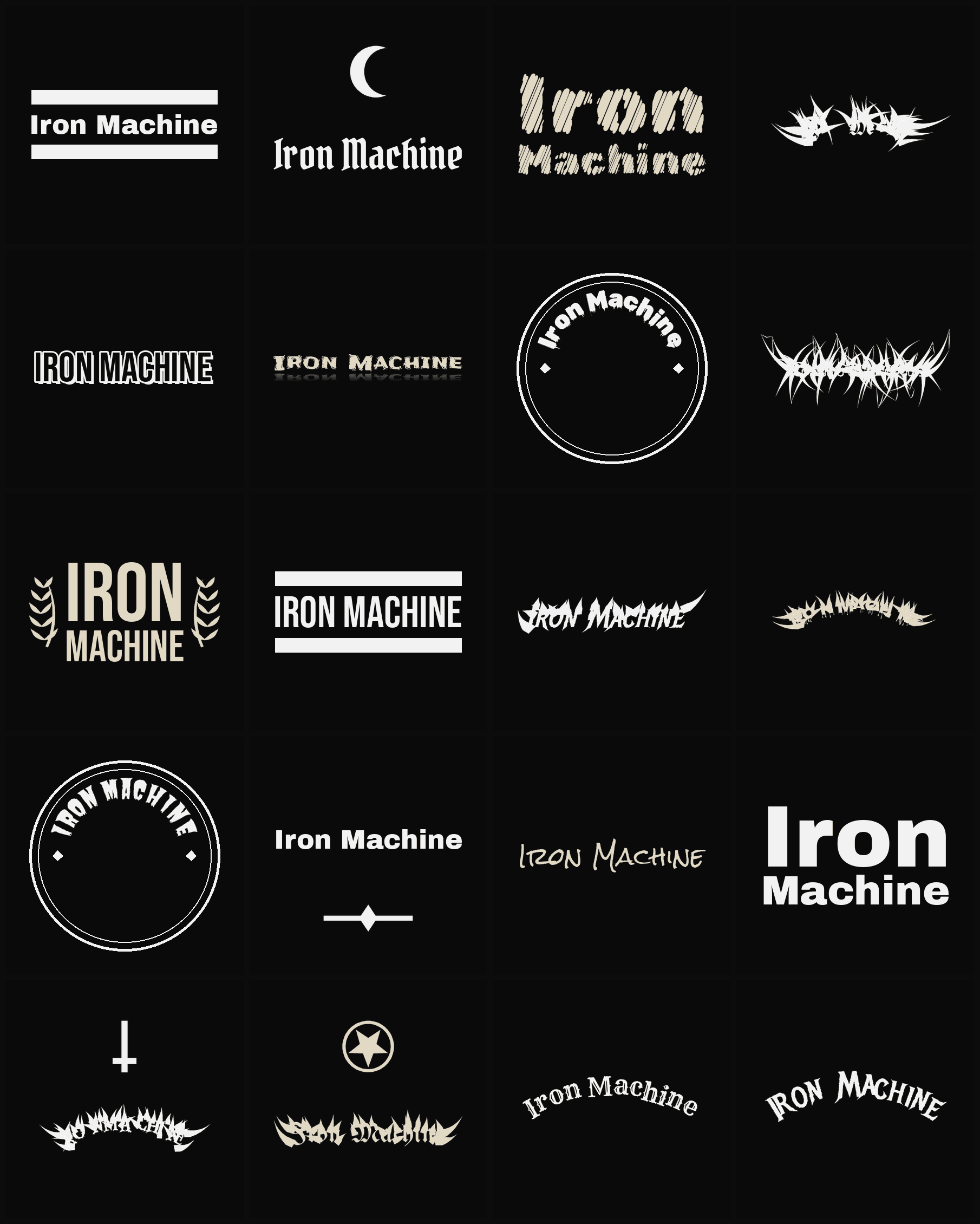 Twenty Iron Machine band logo ideas — different faces, treatments and spike settings