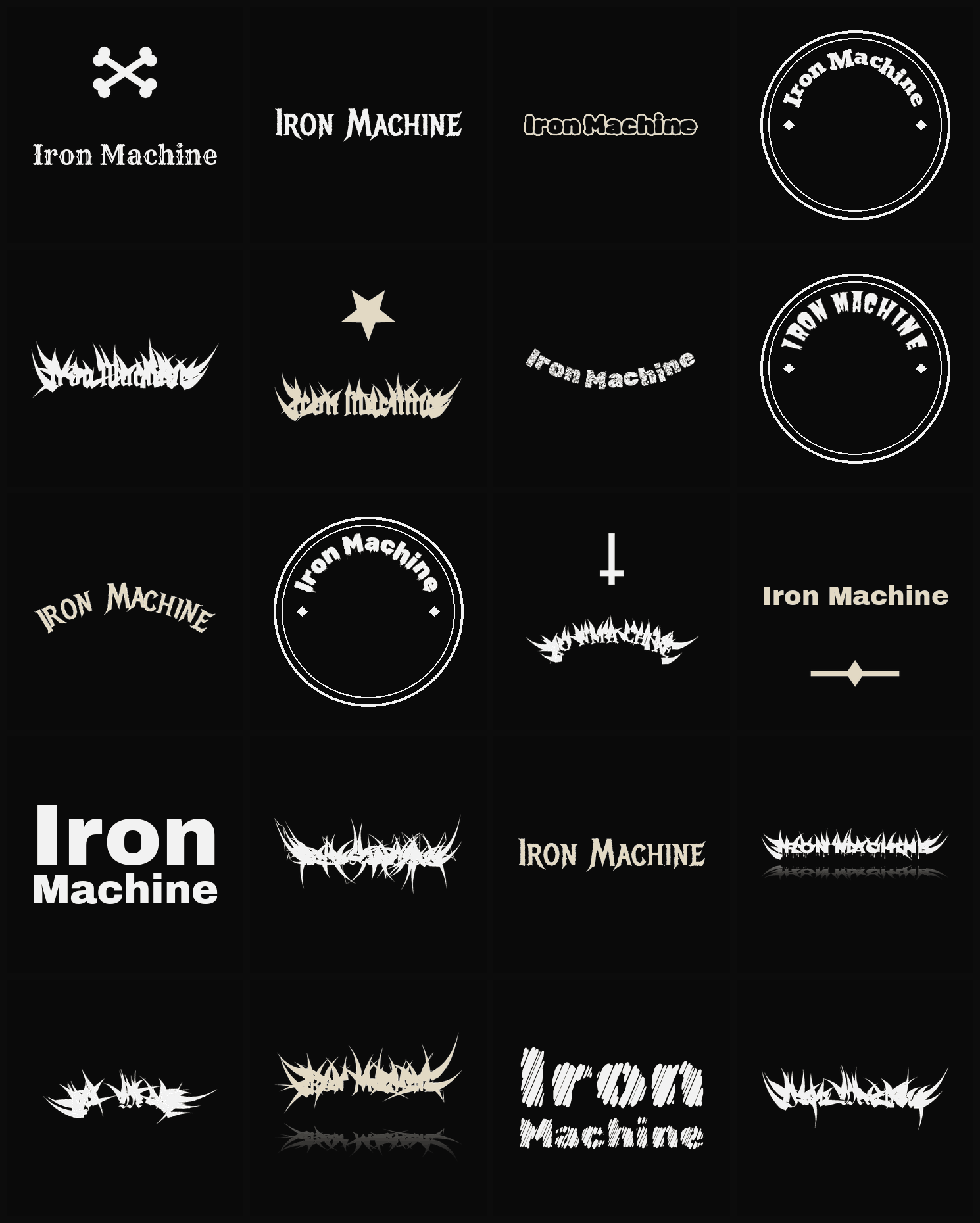 Twenty Iron Machine band logo ideas — different faces, treatments and spike settings