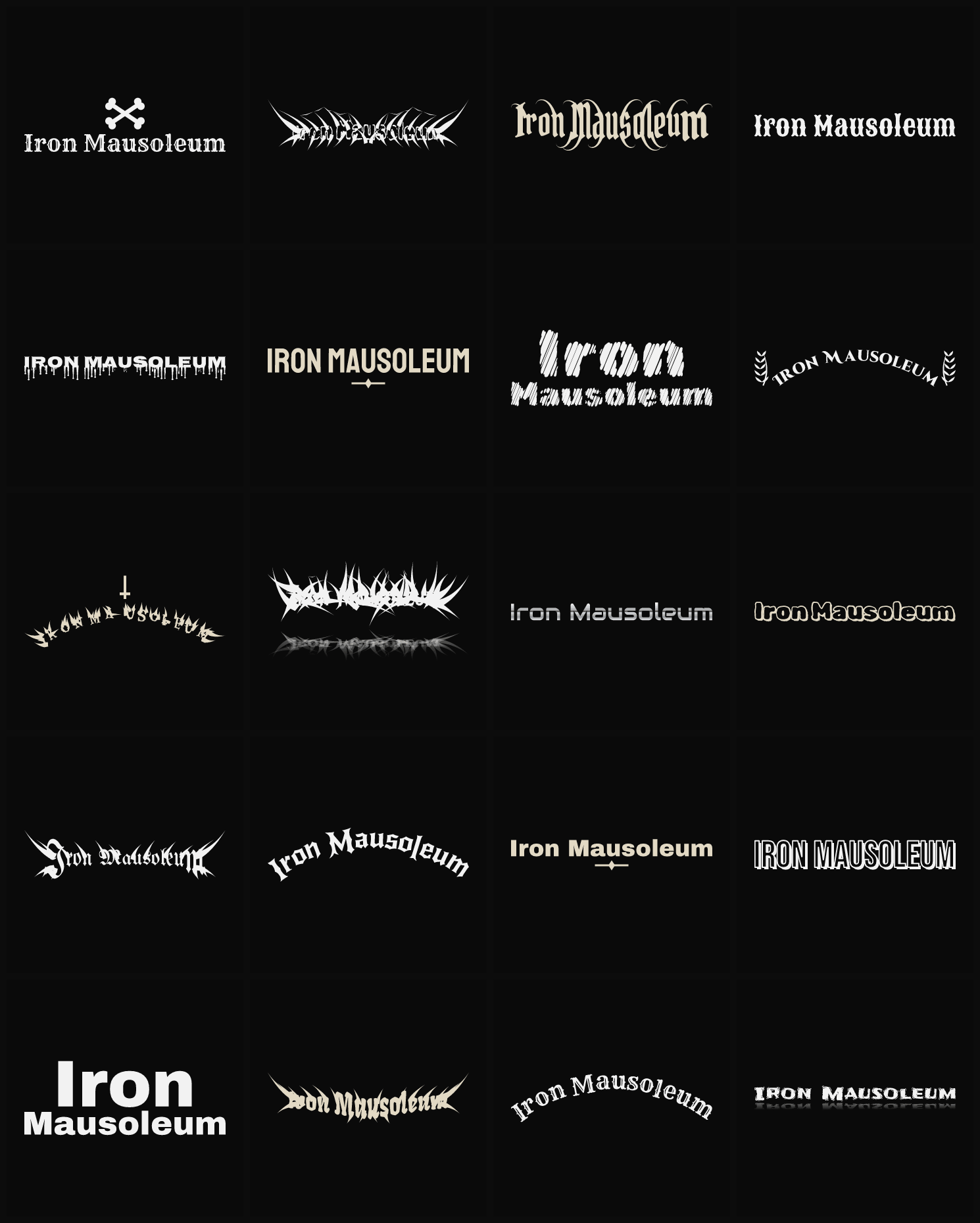 Twenty Iron Mausoleum band logo ideas — different faces, treatments and spike settings