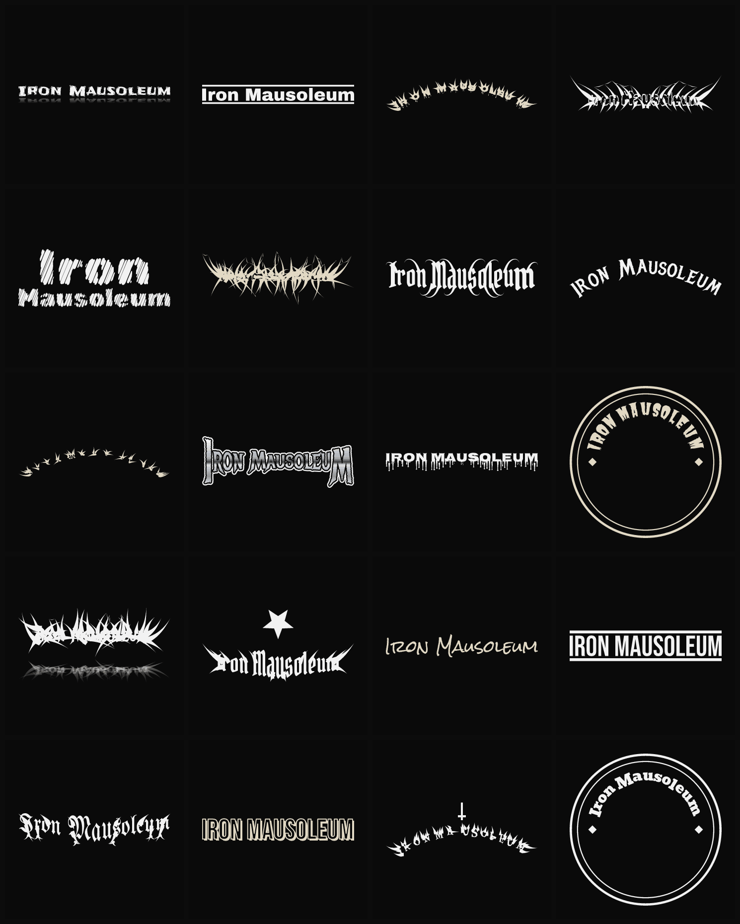 Twenty Iron Mausoleum band logo ideas — different faces, treatments and spike settings