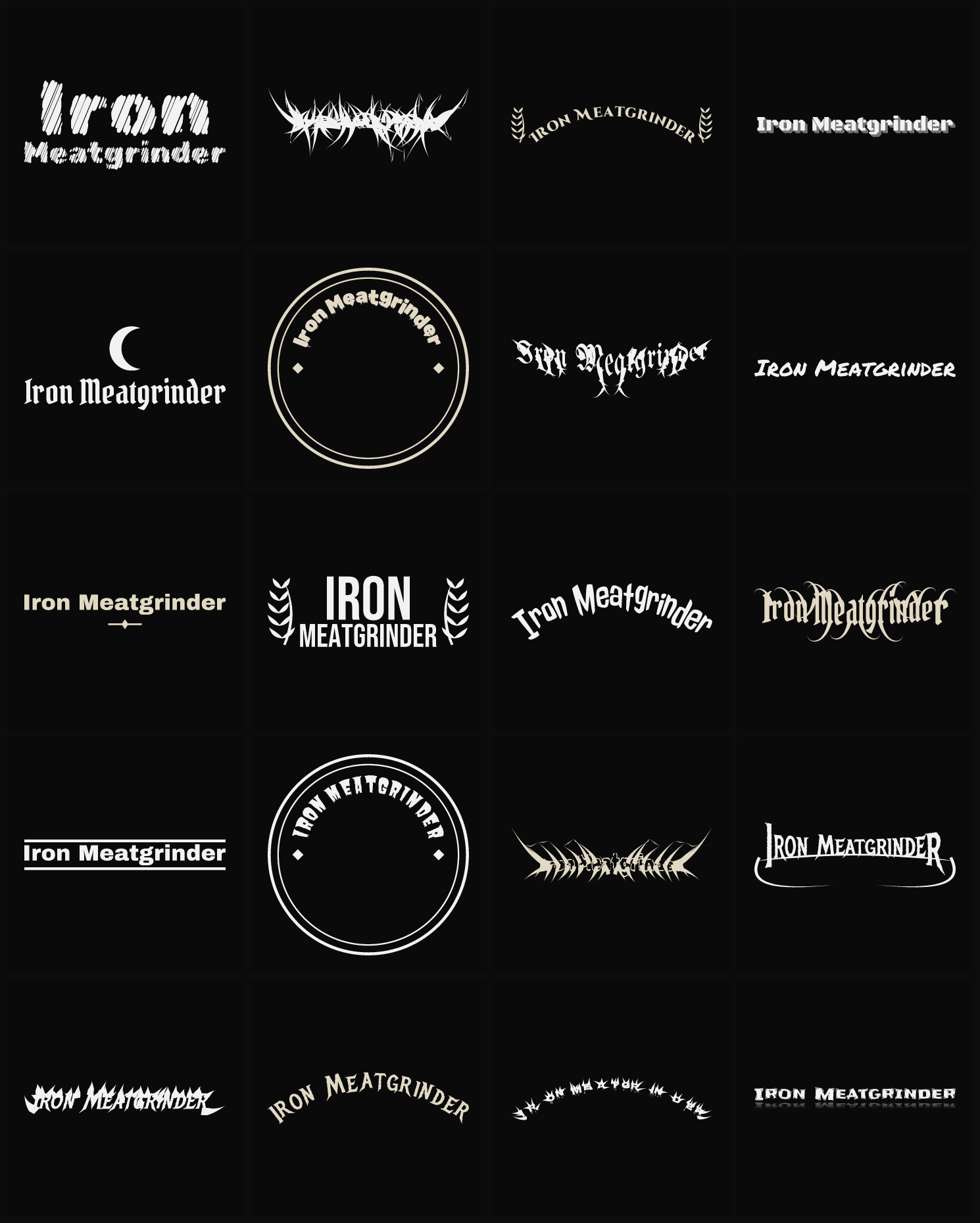 Twenty Iron Meatgrinder band logo ideas — different faces, treatments and spike settings