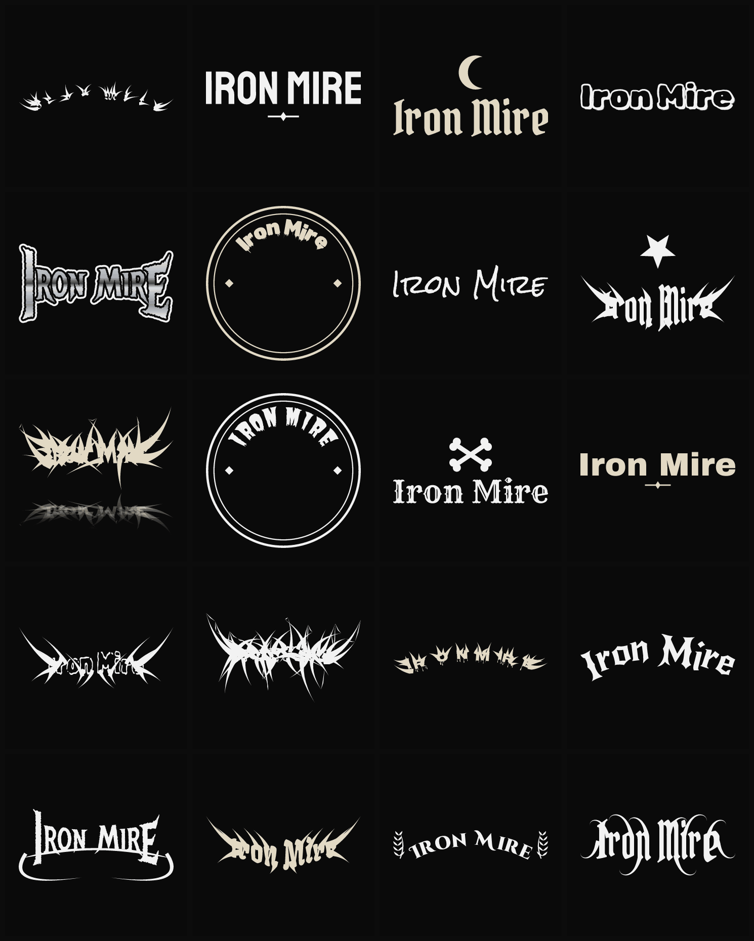 Twenty Iron Mire band logo ideas — different faces, treatments and spike settings