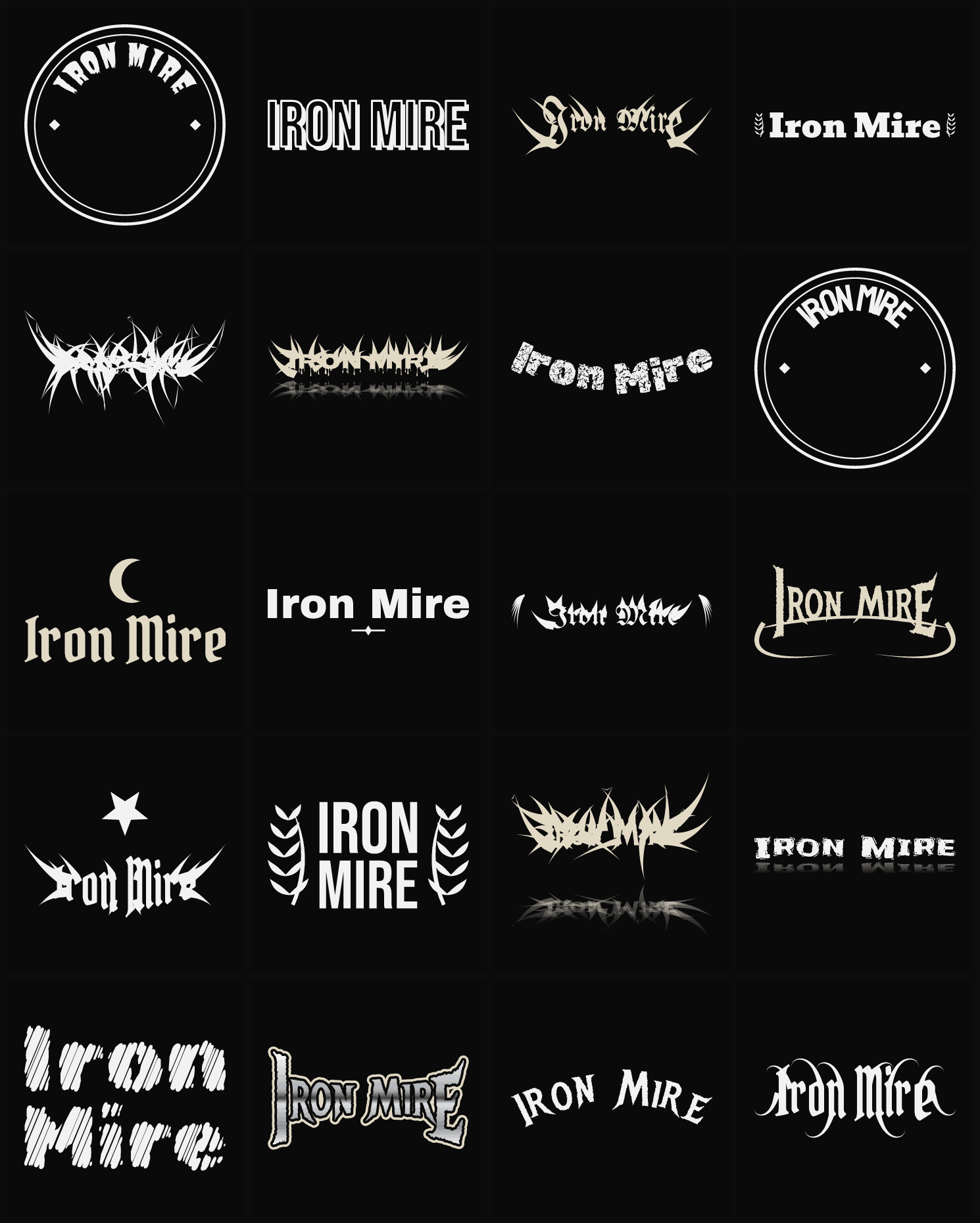 Twenty Iron Mire band logo ideas — different faces, treatments and spike settings
