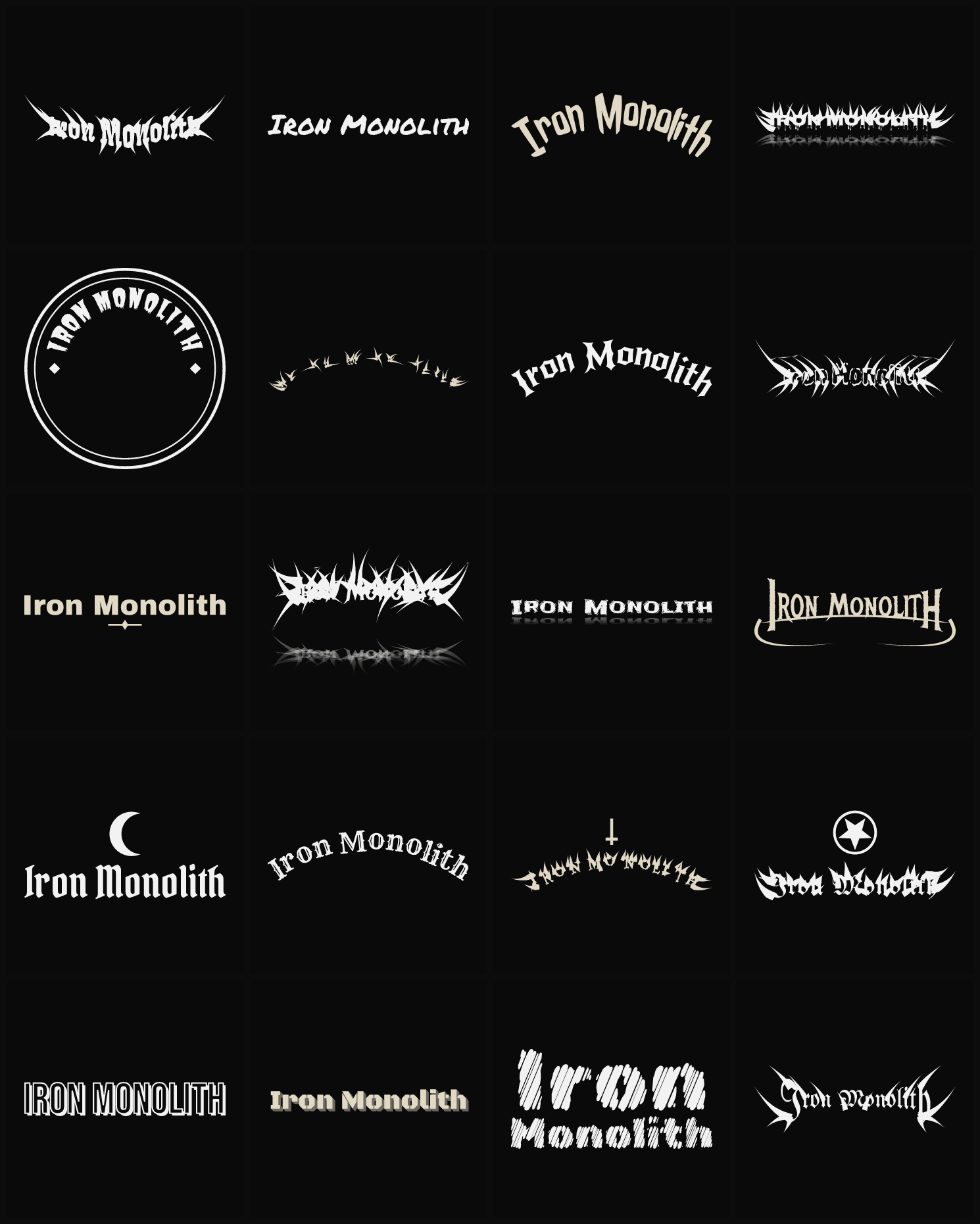 Twenty Iron Monolith band logo ideas — different faces, treatments and spike settings