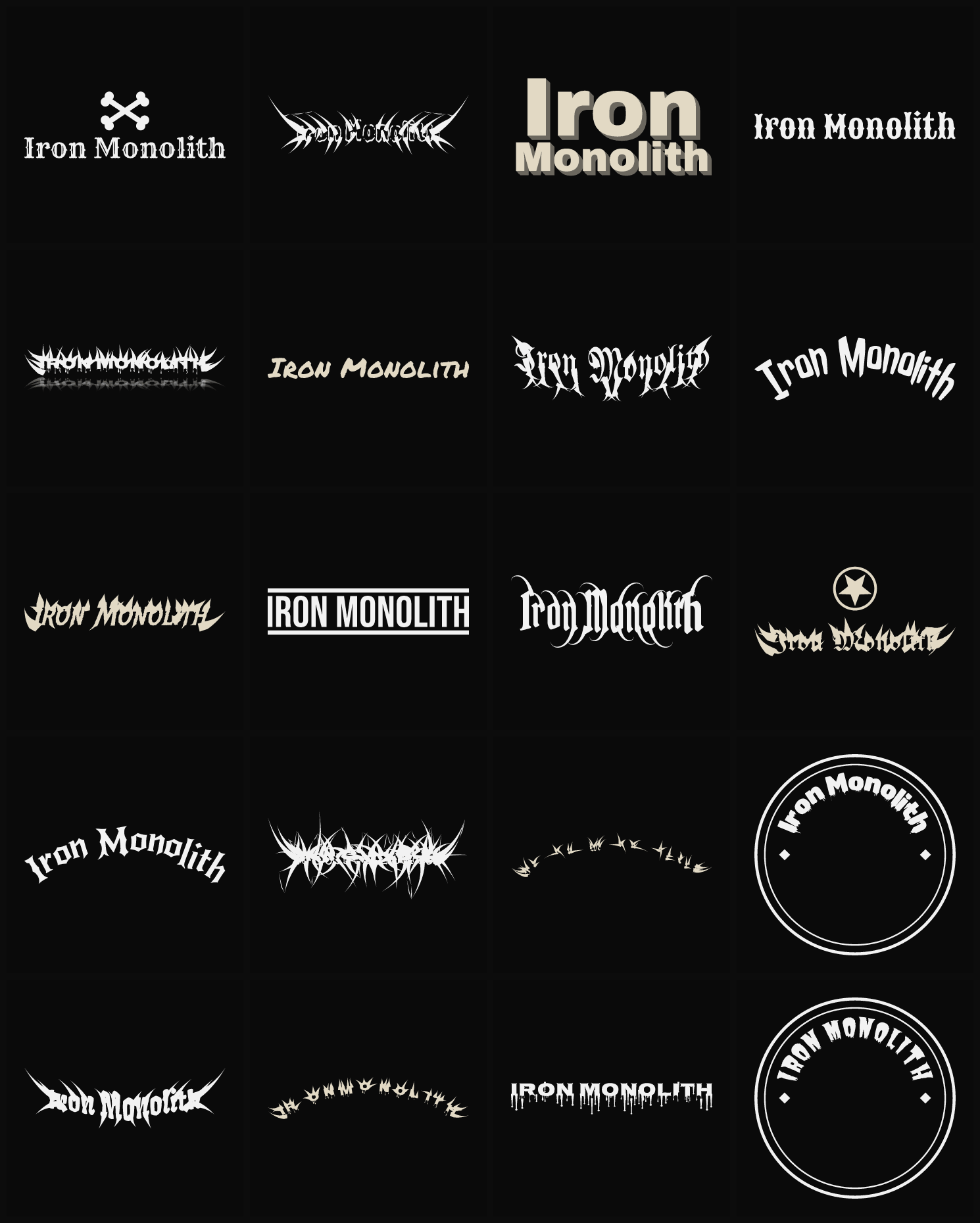Twenty Iron Monolith band logo ideas — different faces, treatments and spike settings