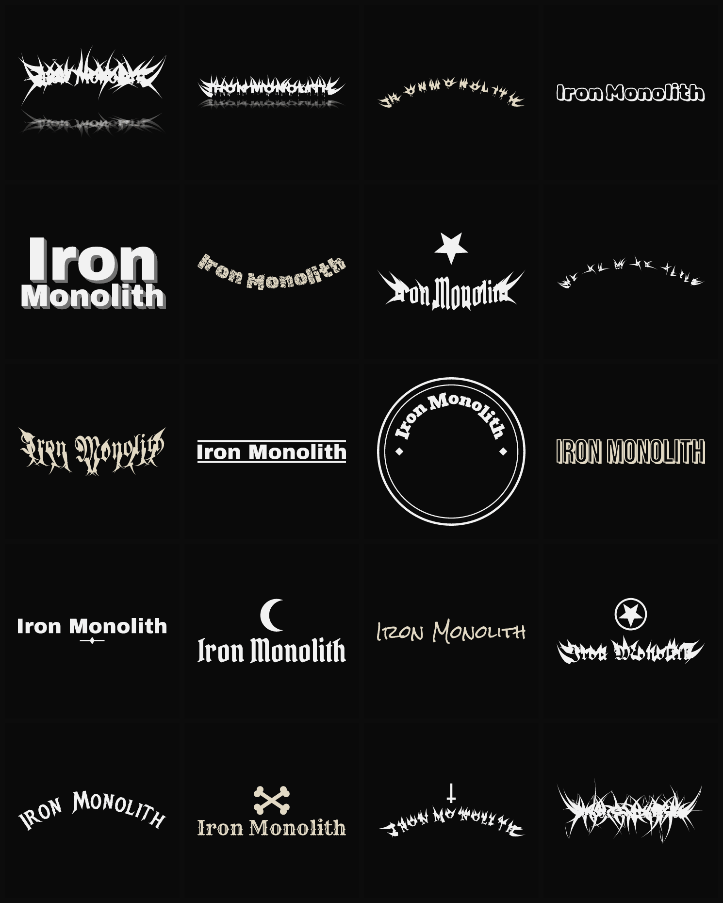 Twenty Iron Monolith band logo ideas — different faces, treatments and spike settings
