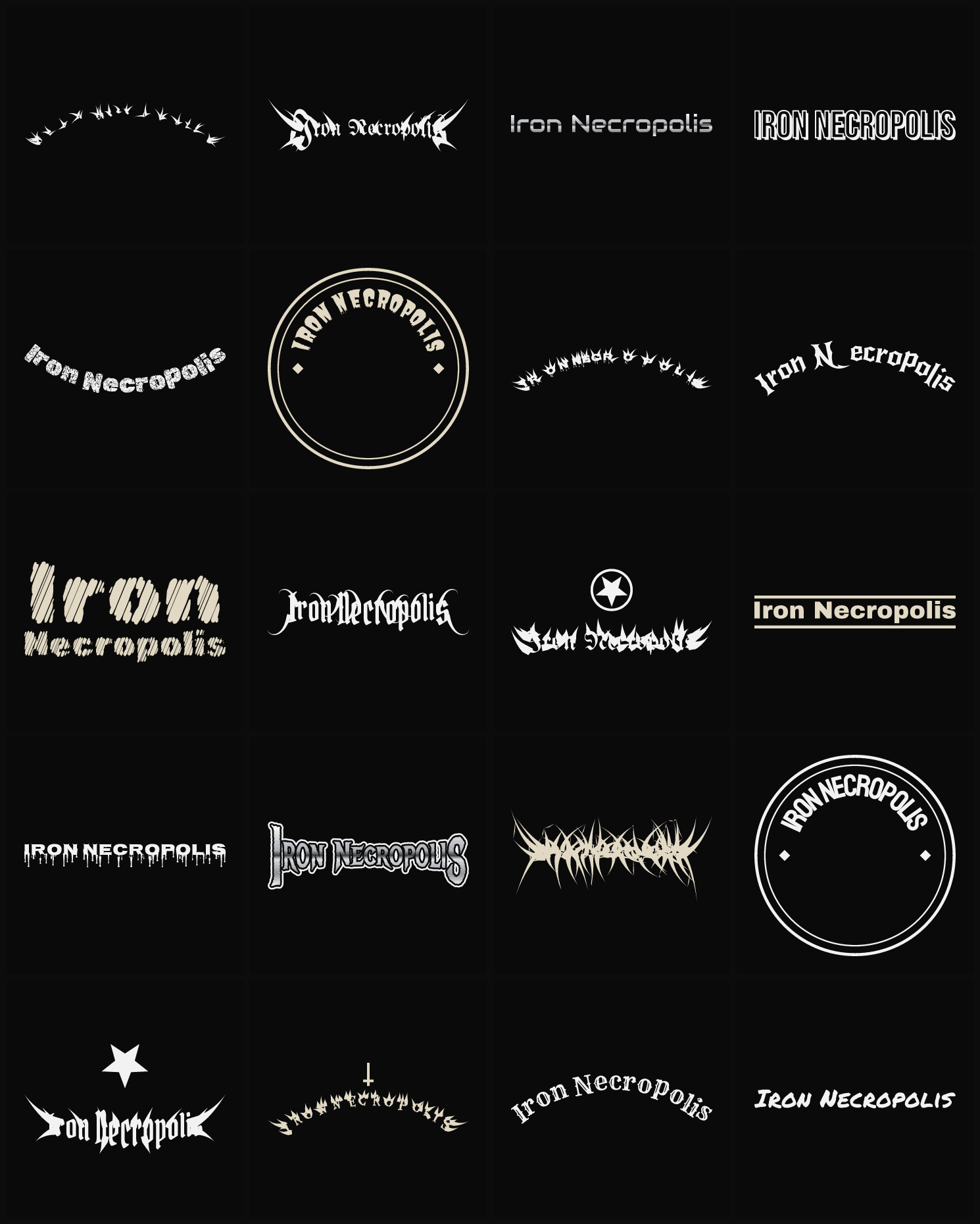 Twenty Iron Necropolis band logo ideas — different faces, treatments and spike settings