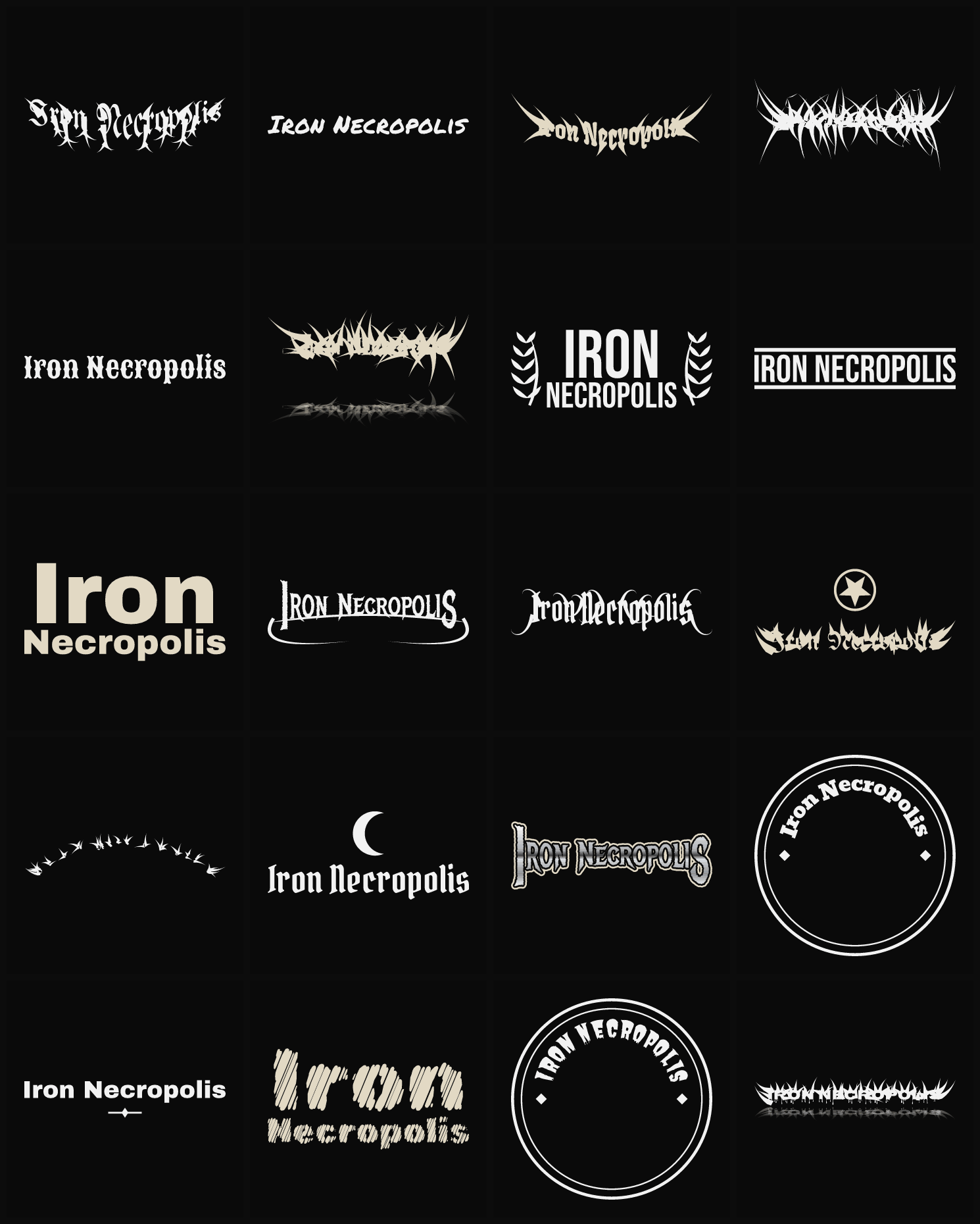 Twenty Iron Necropolis band logo ideas — different faces, treatments and spike settings