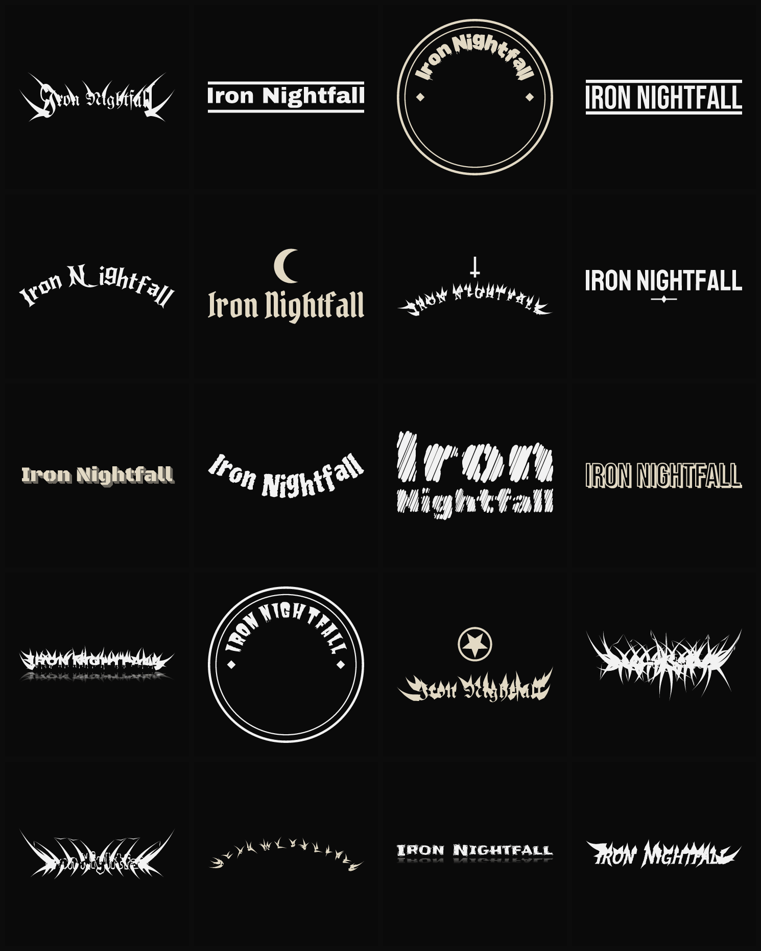 Twenty Iron Nightfall band logo ideas — different faces, treatments and spike settings