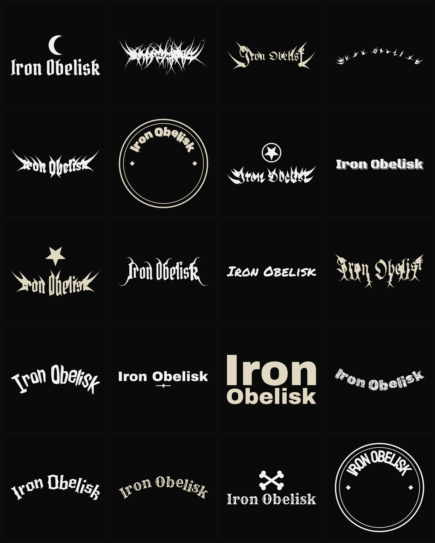 Twenty Iron Obelisk band logo ideas — different faces, treatments and spike settings