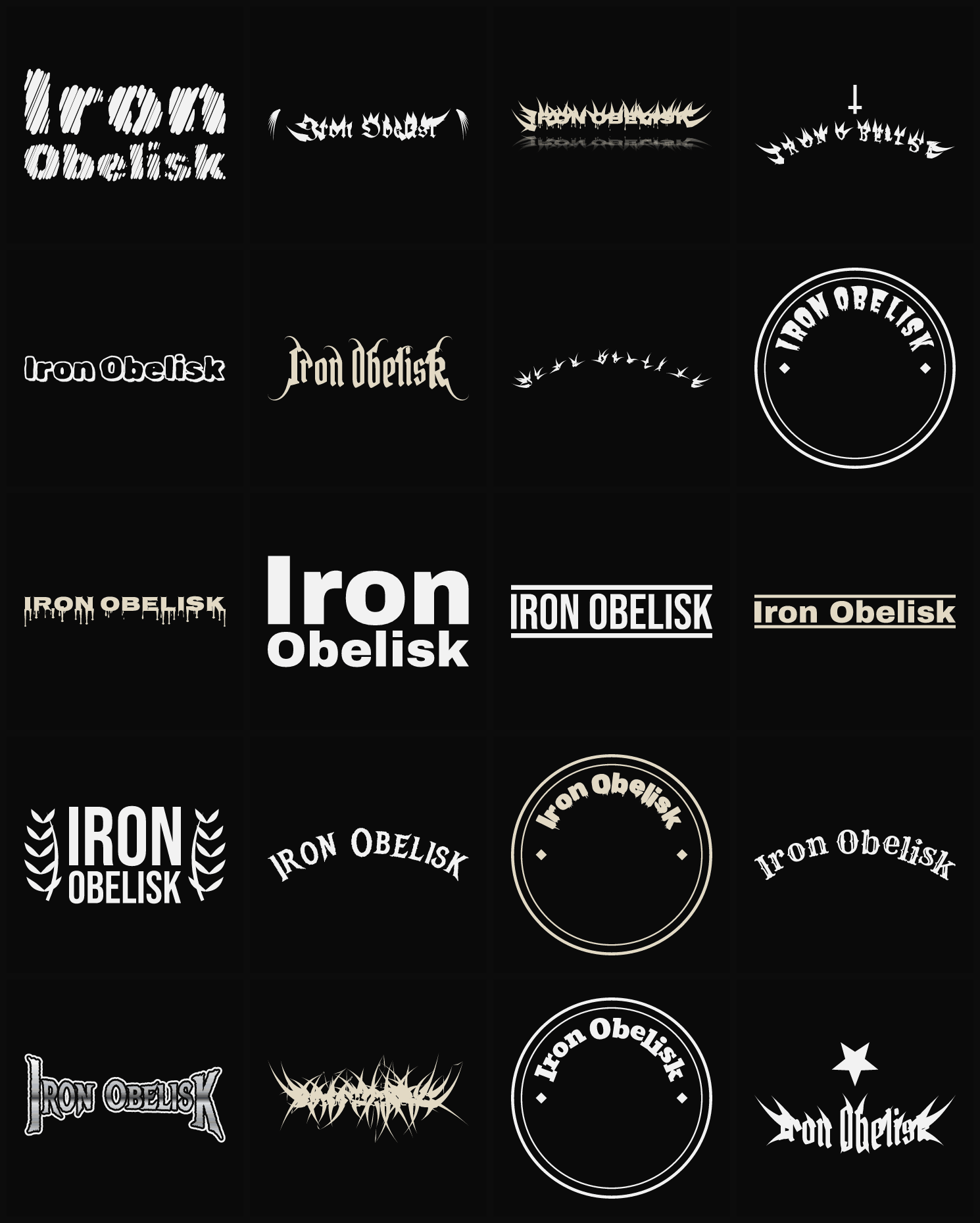 Twenty Iron Obelisk band logo ideas — different faces, treatments and spike settings